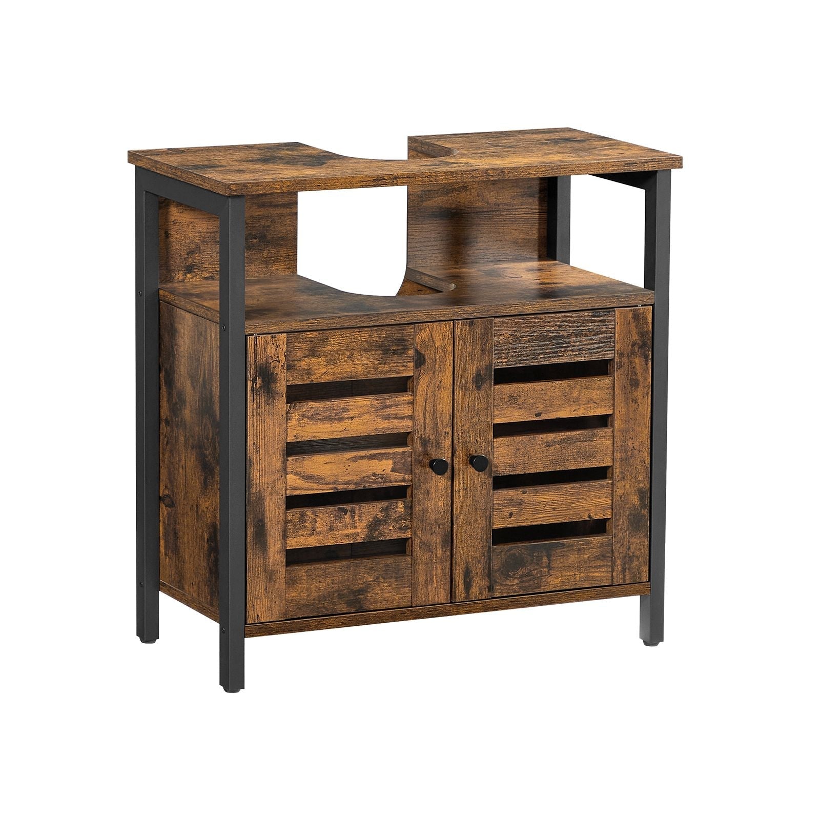 Under Sink Cabinet - Steel - Rustic Brown and Black - Louvered Doors and Adjustable Shelf