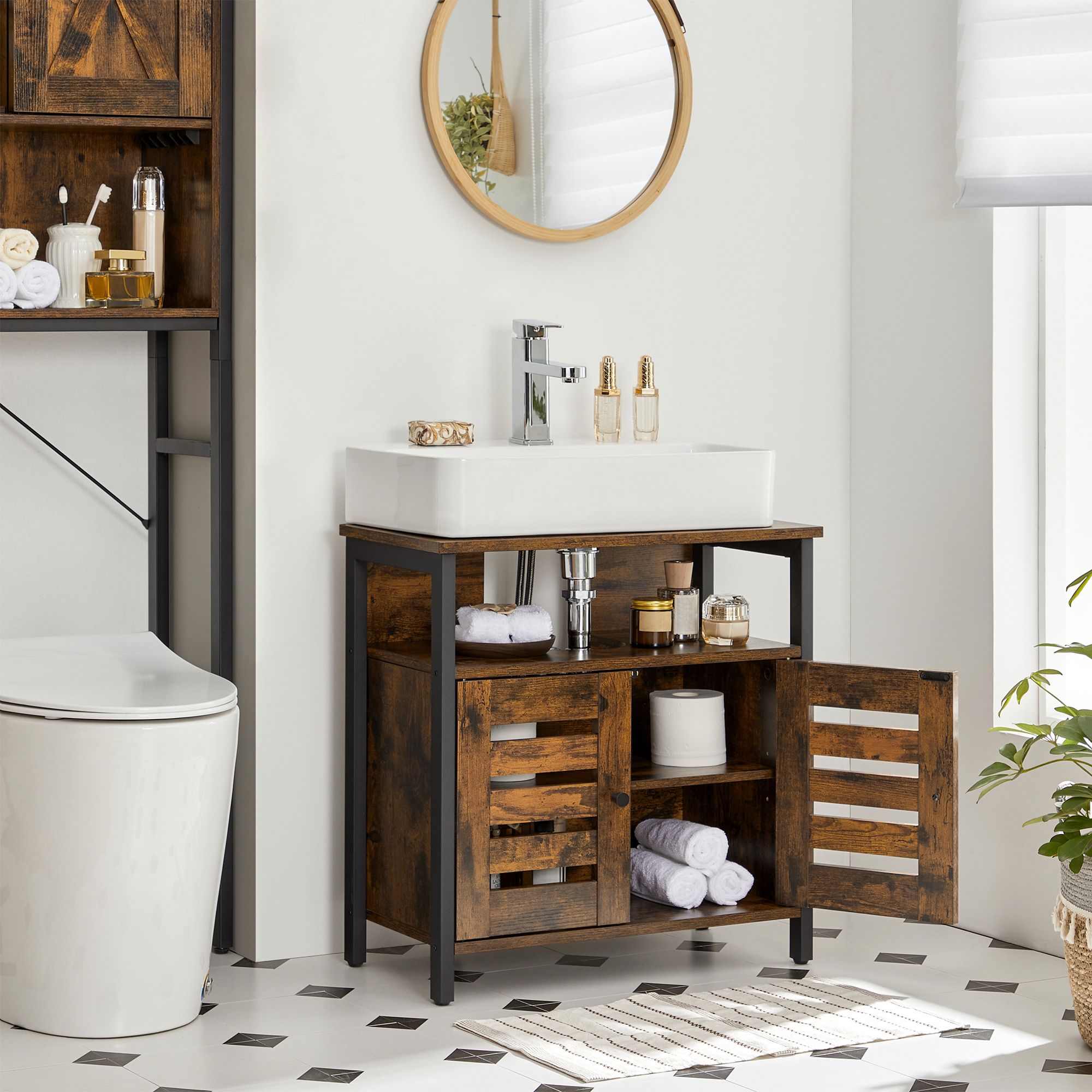 Under Sink Cabinet - Steel - Rustic Brown and Black - Louvered Doors and Adjustable Shelf