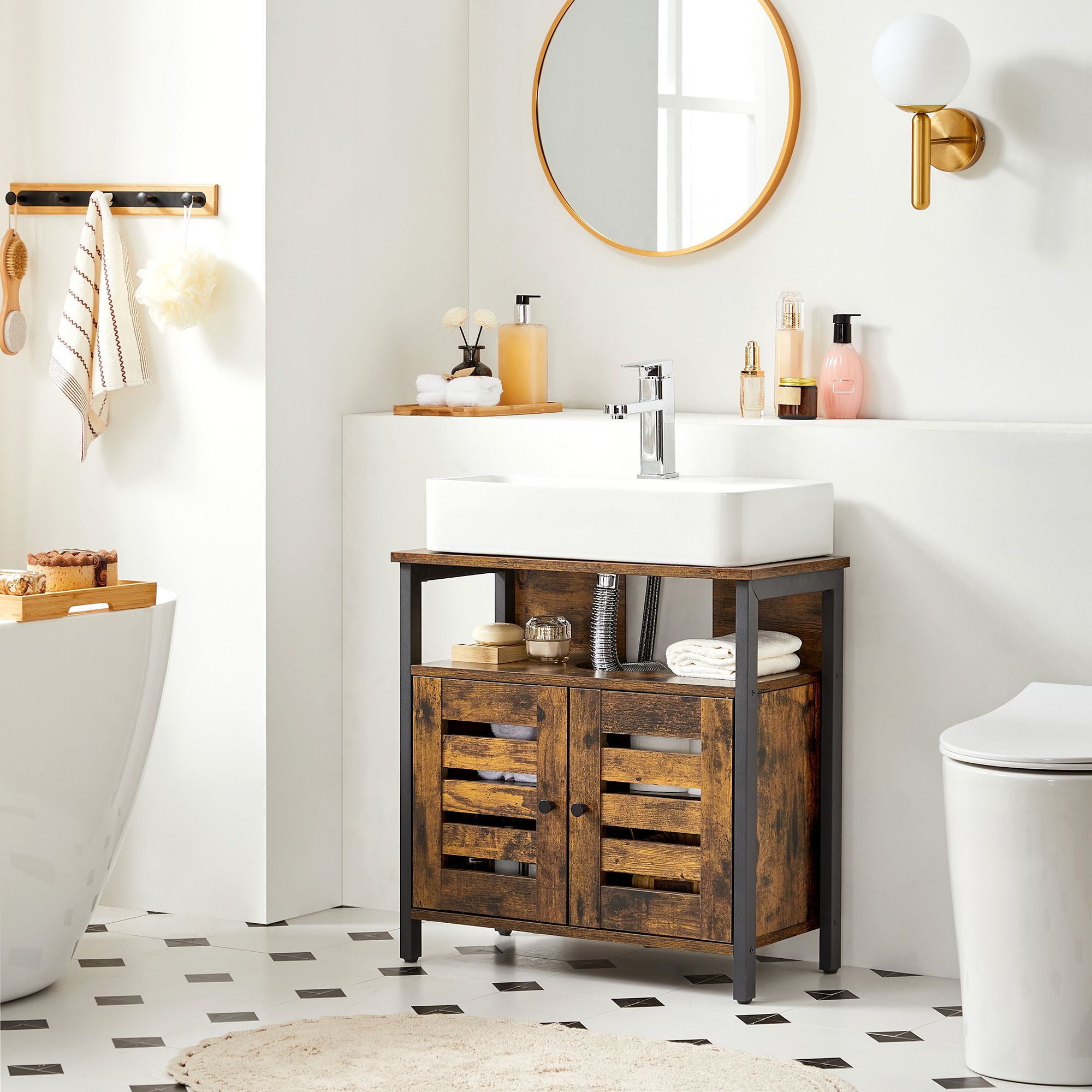 Under Sink Cabinet - Steel - Rustic Brown and Black - Louvered Doors and Adjustable Shelf