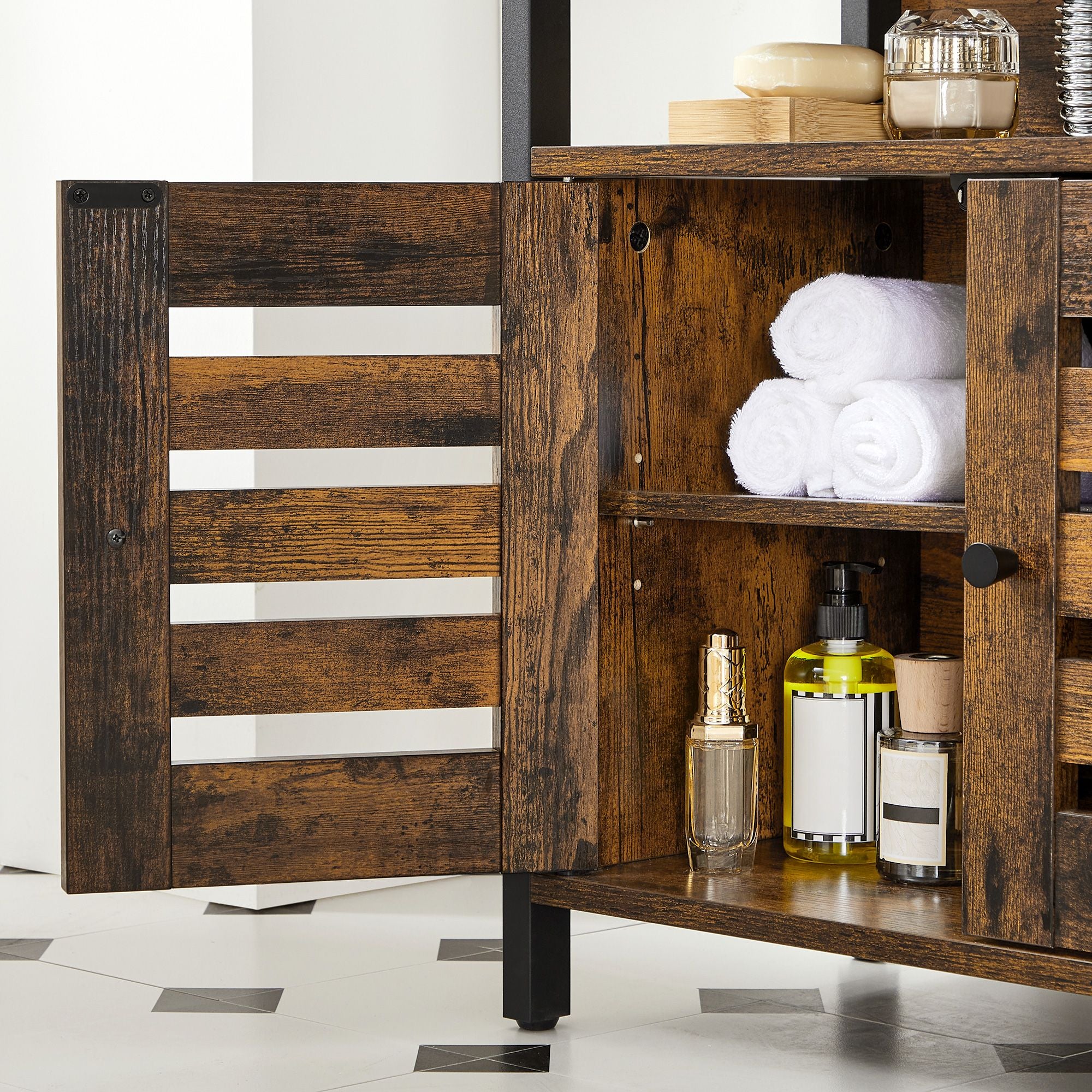 Under Sink Cabinet - Steel - Rustic Brown and Black - Louvered Doors and Adjustable Shelf