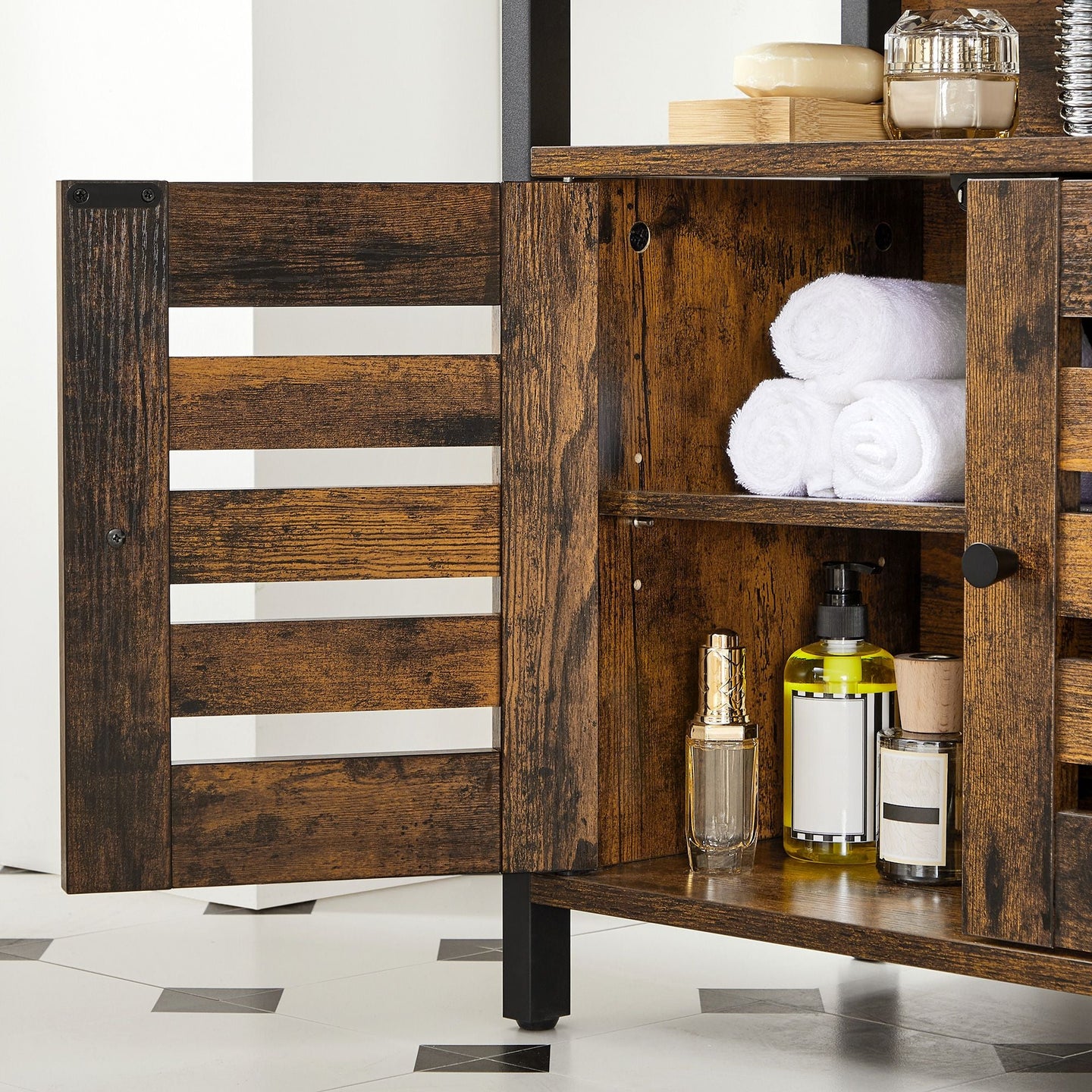 Under Sink Cabinet - Steel - Rustic Brown and Black - Louvered Doors and Adjustable Shelf