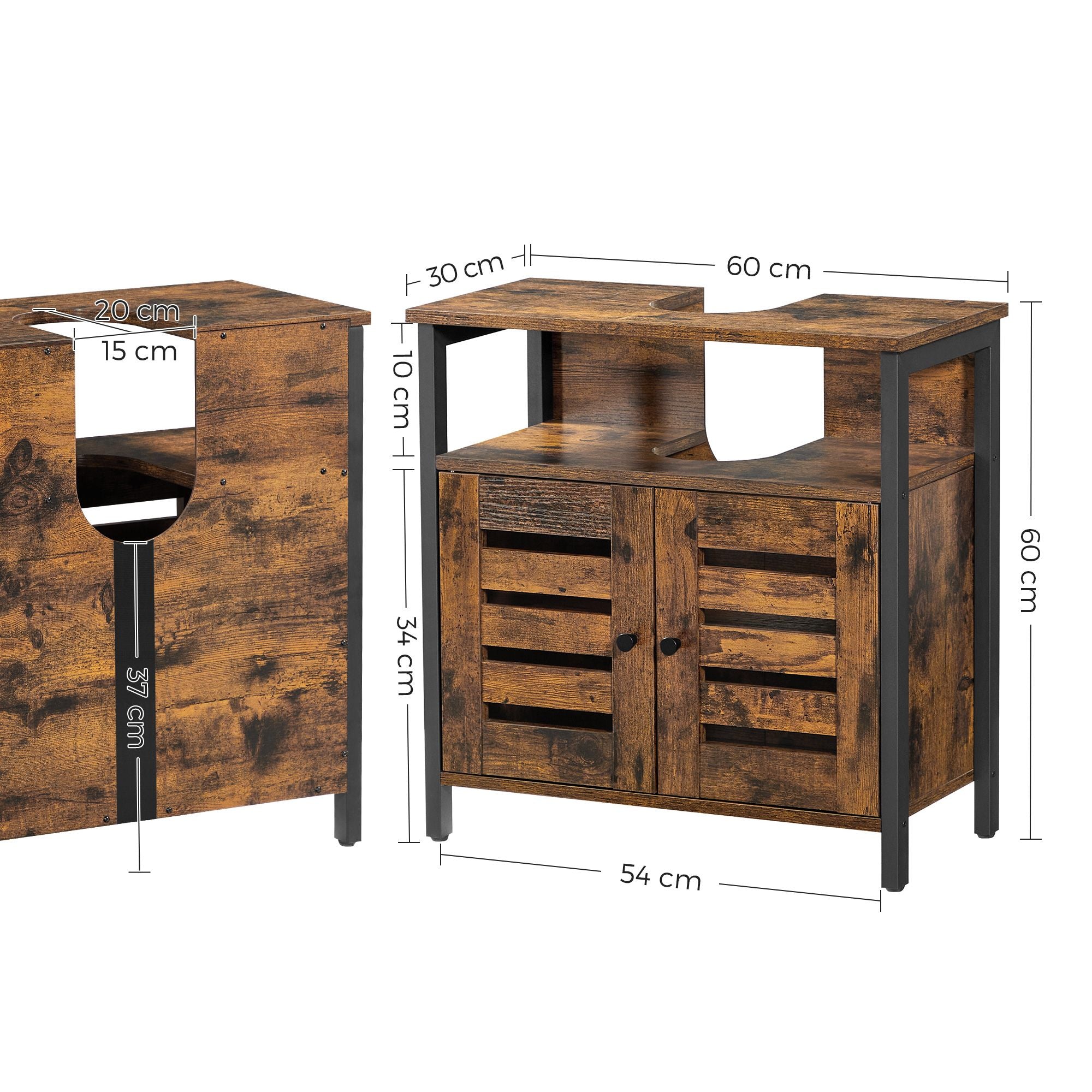 Under Sink Cabinet - Steel - Rustic Brown and Black - Louvered Doors and Adjustable Shelf