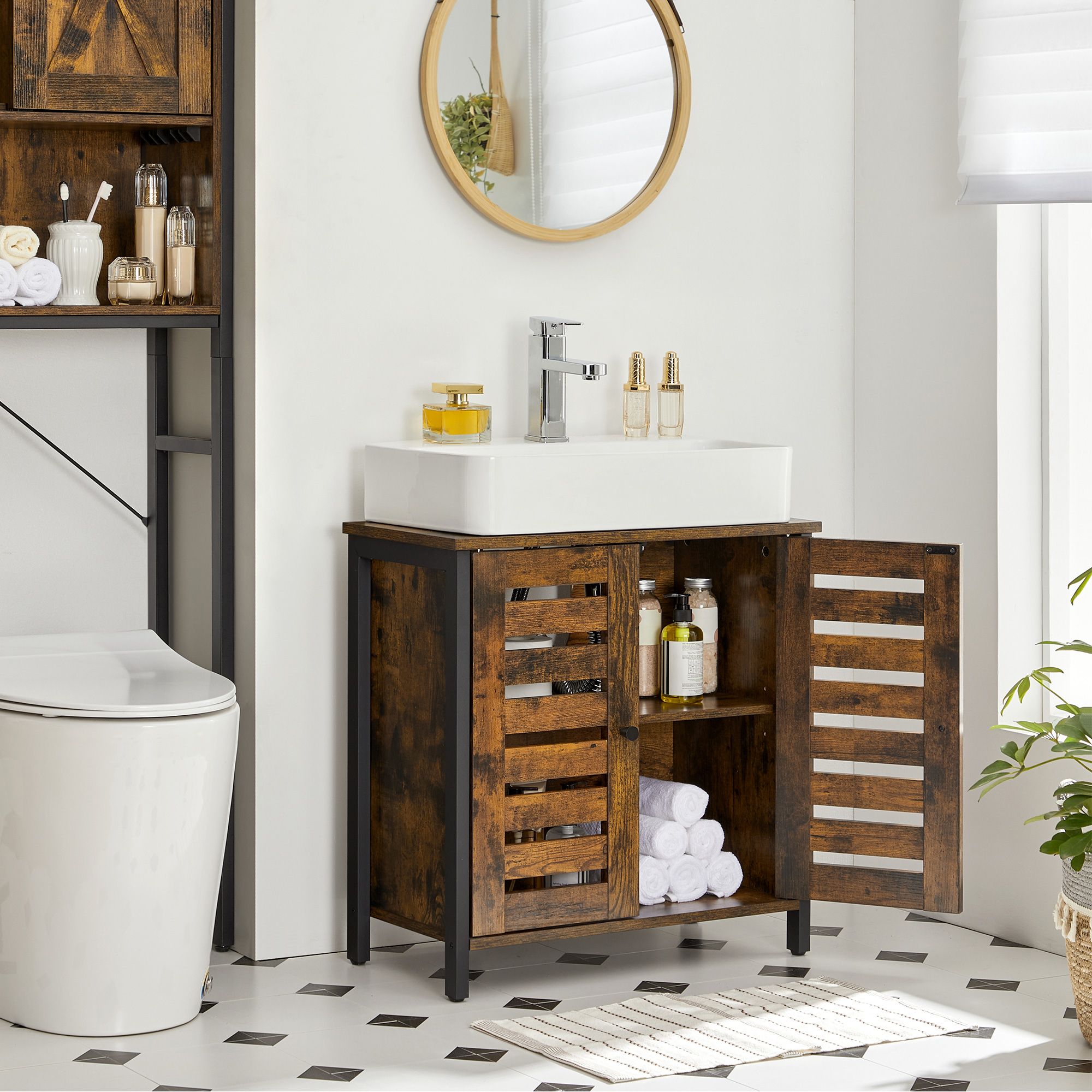 Under Sink Cabinet - Steel Frame - Rustic Brown and Black - Adjustable Shelf with Louvered Doors
