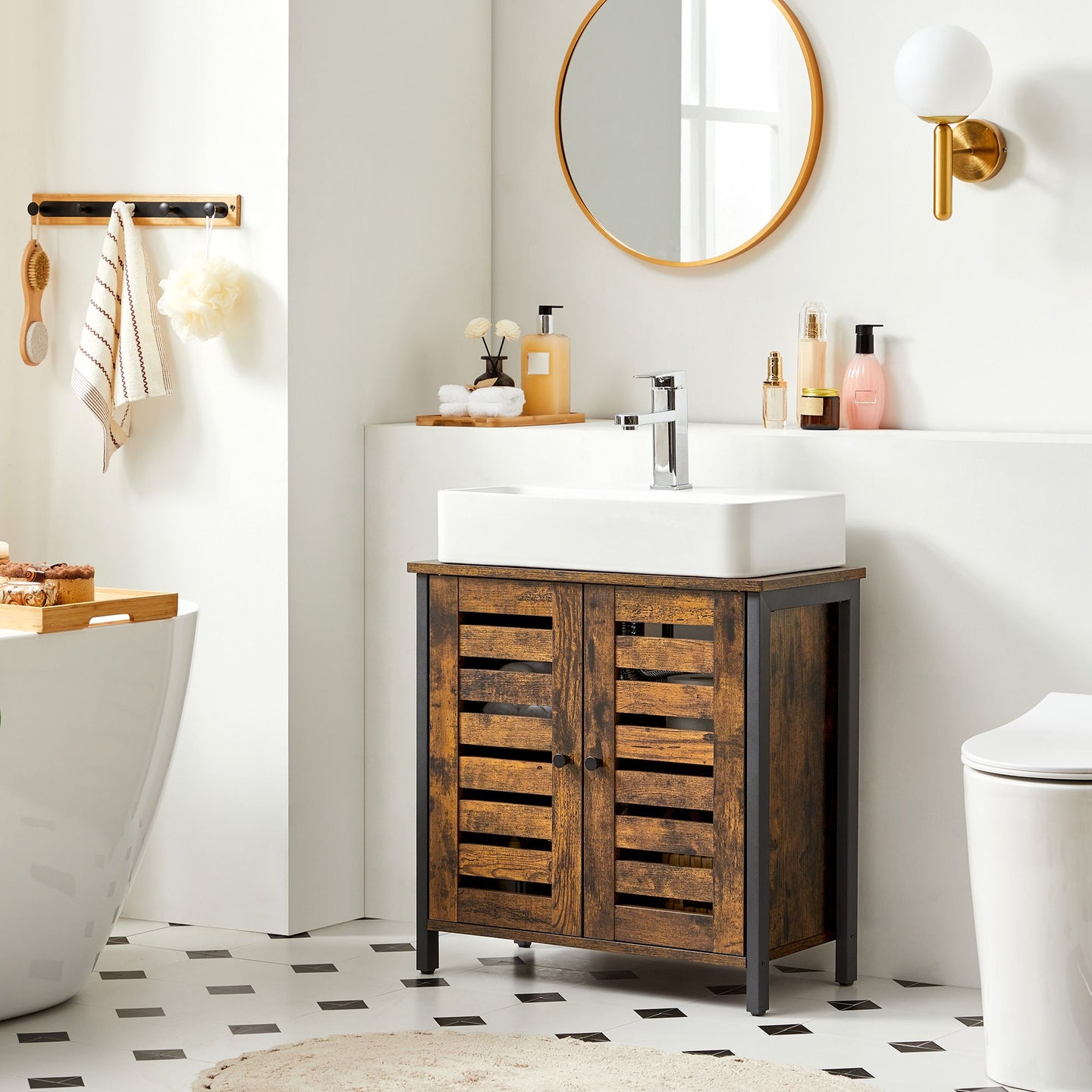 Under Sink Cabinet - Steel Frame - Rustic Brown and Black - Adjustable Shelf with Louvered Doors