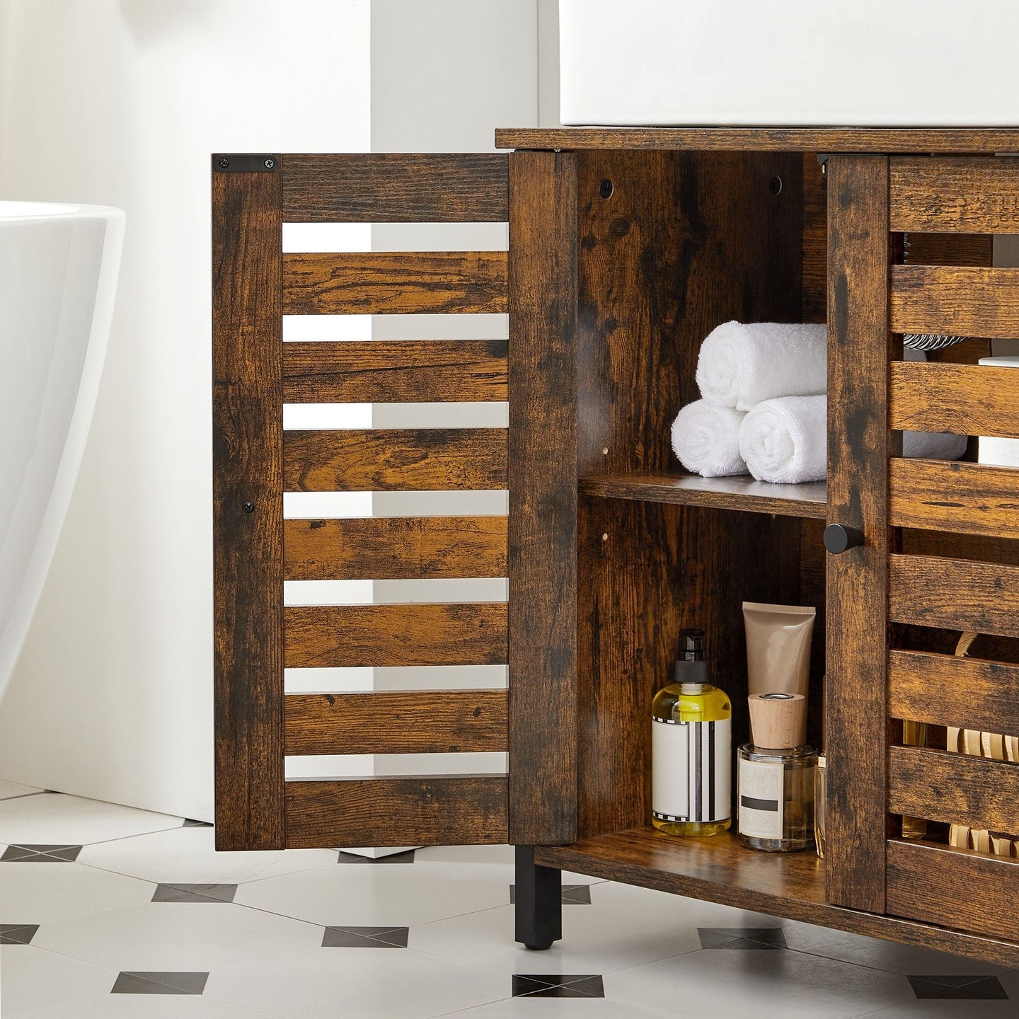 Under Sink Cabinet - Steel Frame - Rustic Brown and Black - Adjustable Shelf with Louvered Doors