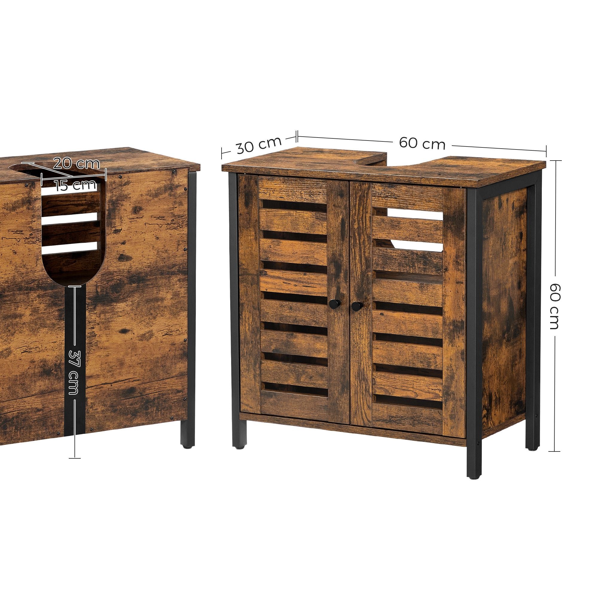 Under Sink Cabinet - Steel Frame - Rustic Brown and Black - Adjustable Shelf with Louvered Doors