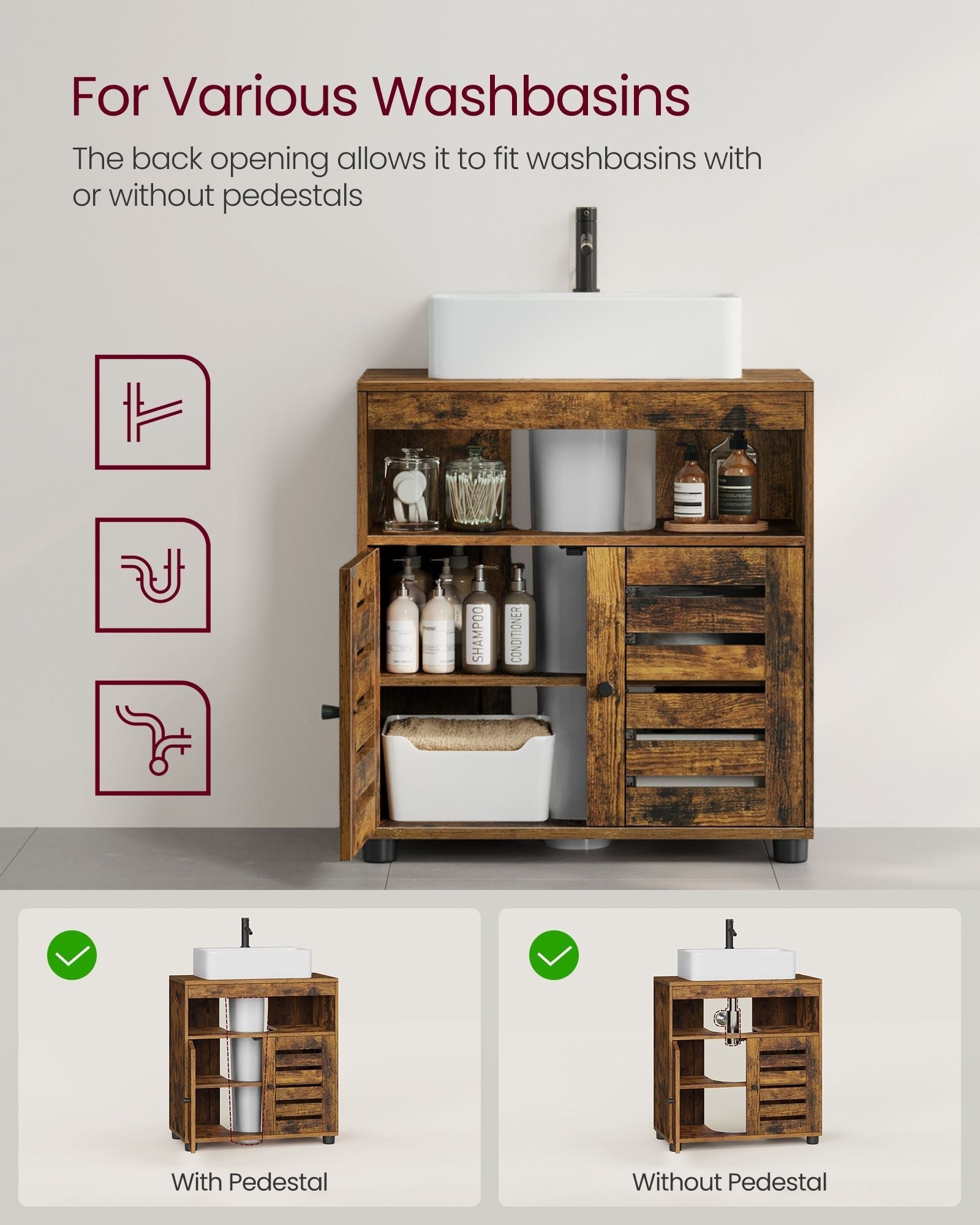 Bathroom Vanity Unit - Engineered Wood - Rustic Brown - Adjustable Shelf with Louvered Doors
