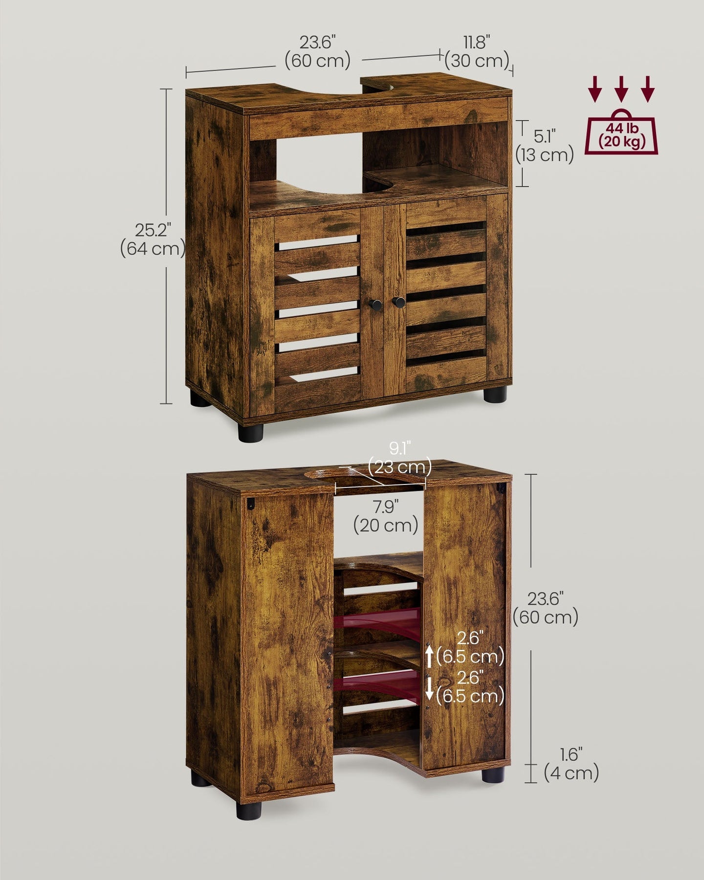 Bathroom Vanity Unit - Engineered Wood - Rustic Brown - Adjustable Shelf with Louvered Doors