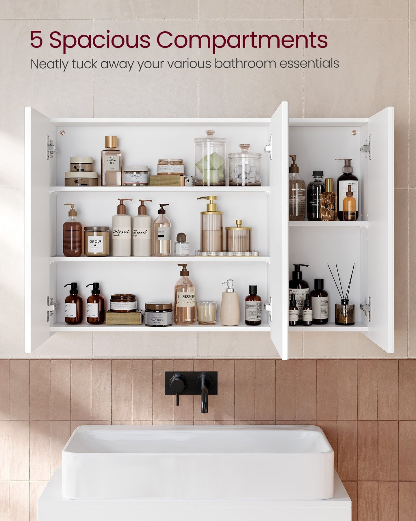Wall Cabinet - MDF - White - 3-Door with Mirror and Adjustable Shelf