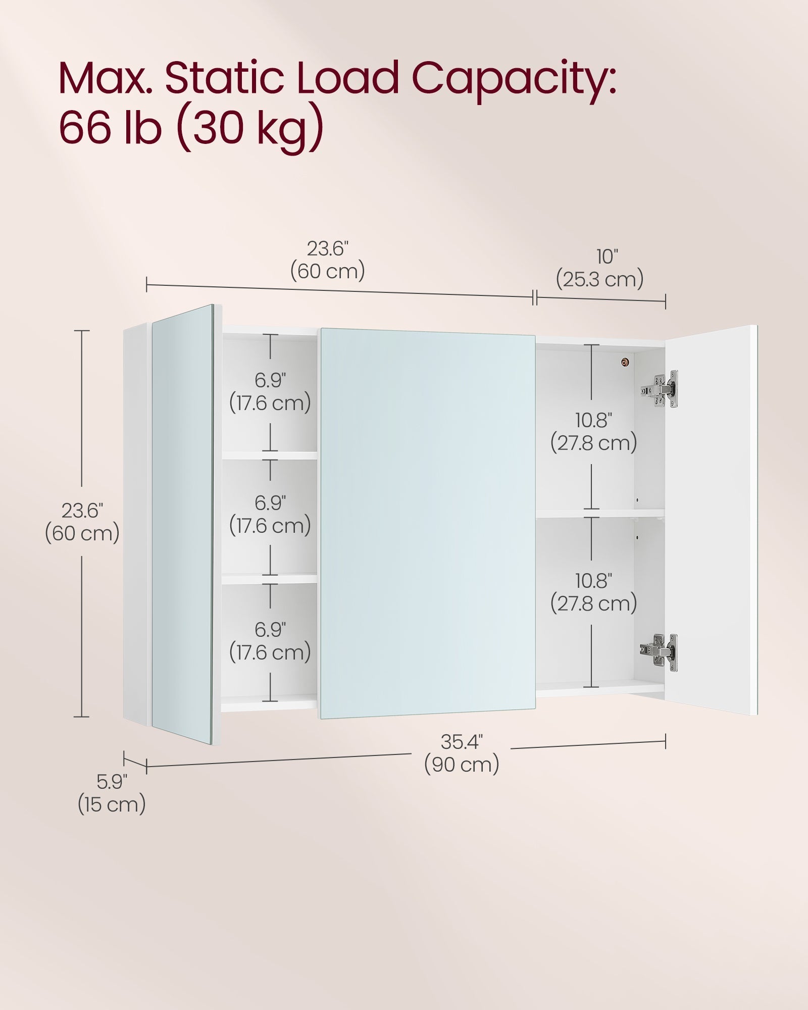 Wall Cabinet - MDF - White - 3-Door with Mirror and Adjustable Shelf