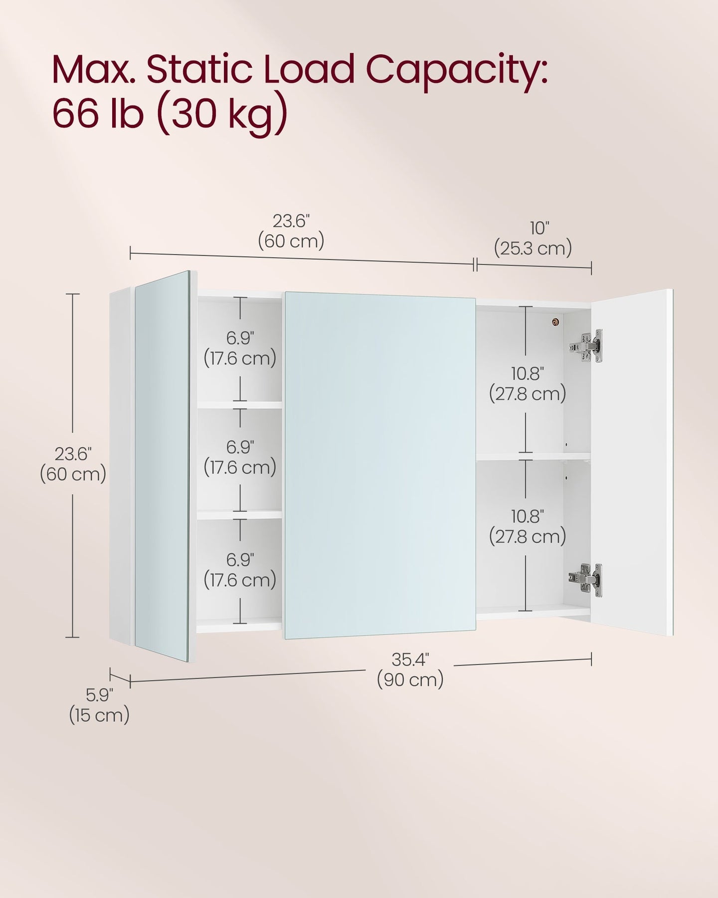 Wall Cabinet - MDF - White - 3-Door with Mirror and Adjustable Shelf