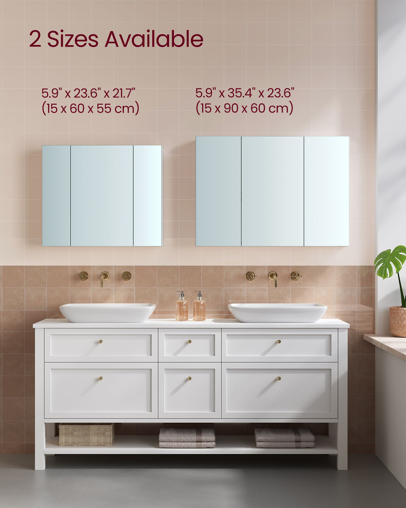 Wall Cabinet - MDF - White - 3-Door with Mirror and Adjustable Shelf