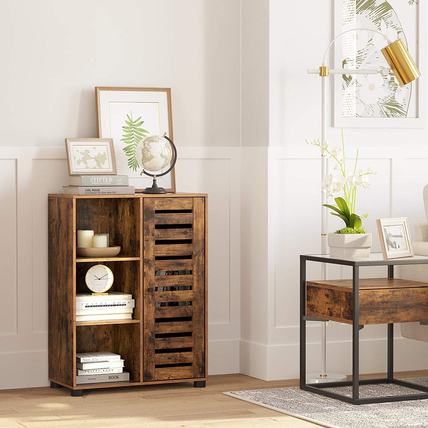 Floor Standing Cabinet - Wood - Rustic Brown - 3 Compartments and 2 Adjustable Shelves