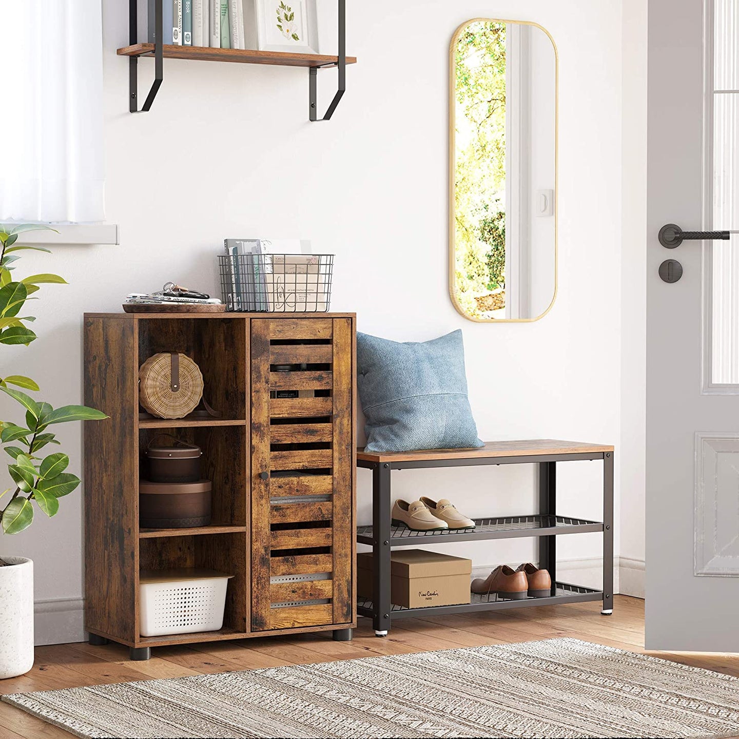 Floor Standing Cabinet - Wood - Rustic Brown - 3 Compartments and 2 Adjustable Shelves
