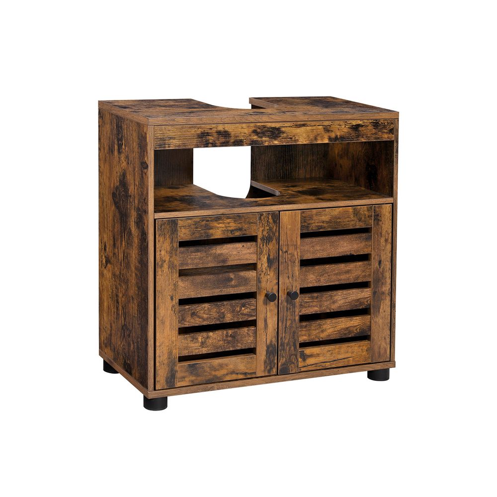 Under Sink Cabinet - Engineered Wood - Rustic Brown - with 2 Louvered Doors and Adjustable Shelf