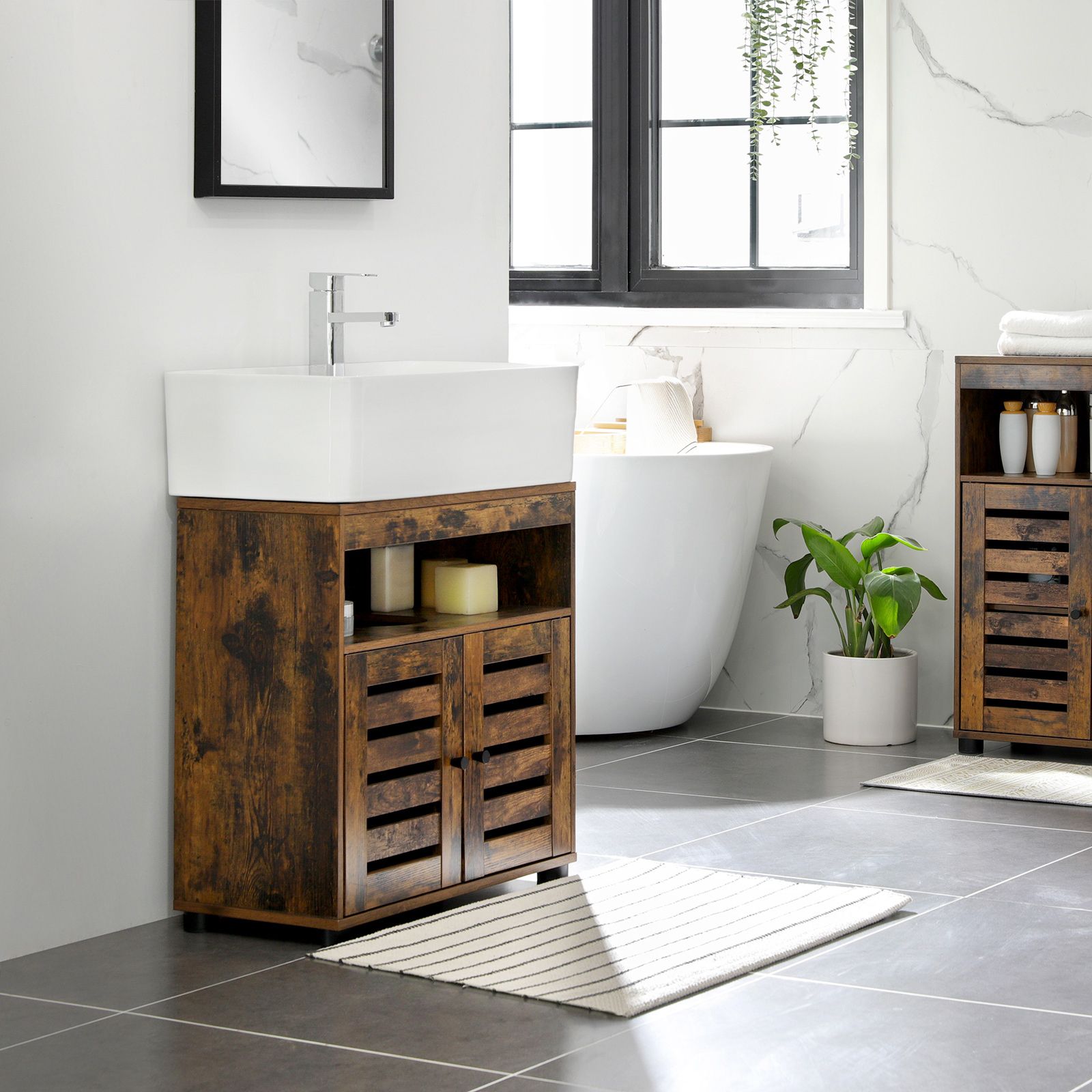 Under Sink Cabinet Rustic Brown without Pedestals - Wood - Rustic Brown