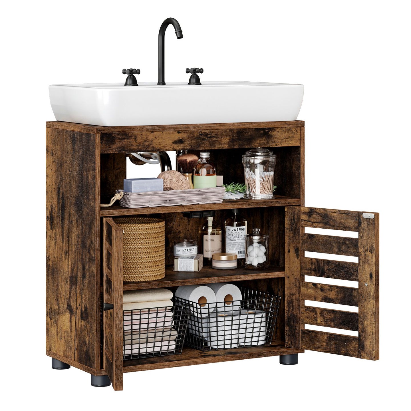 Under Sink Cabinet Rustic Brown without Pedestals - Wood - Rustic Brown