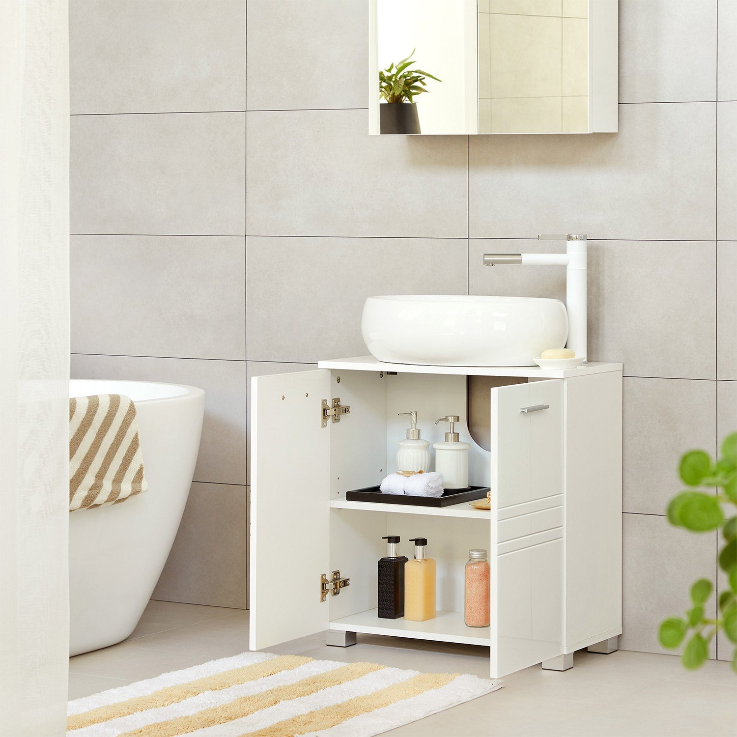 Under Sink Storage Cabinet - MDF - White - Adjustable Shelf and Two Doors