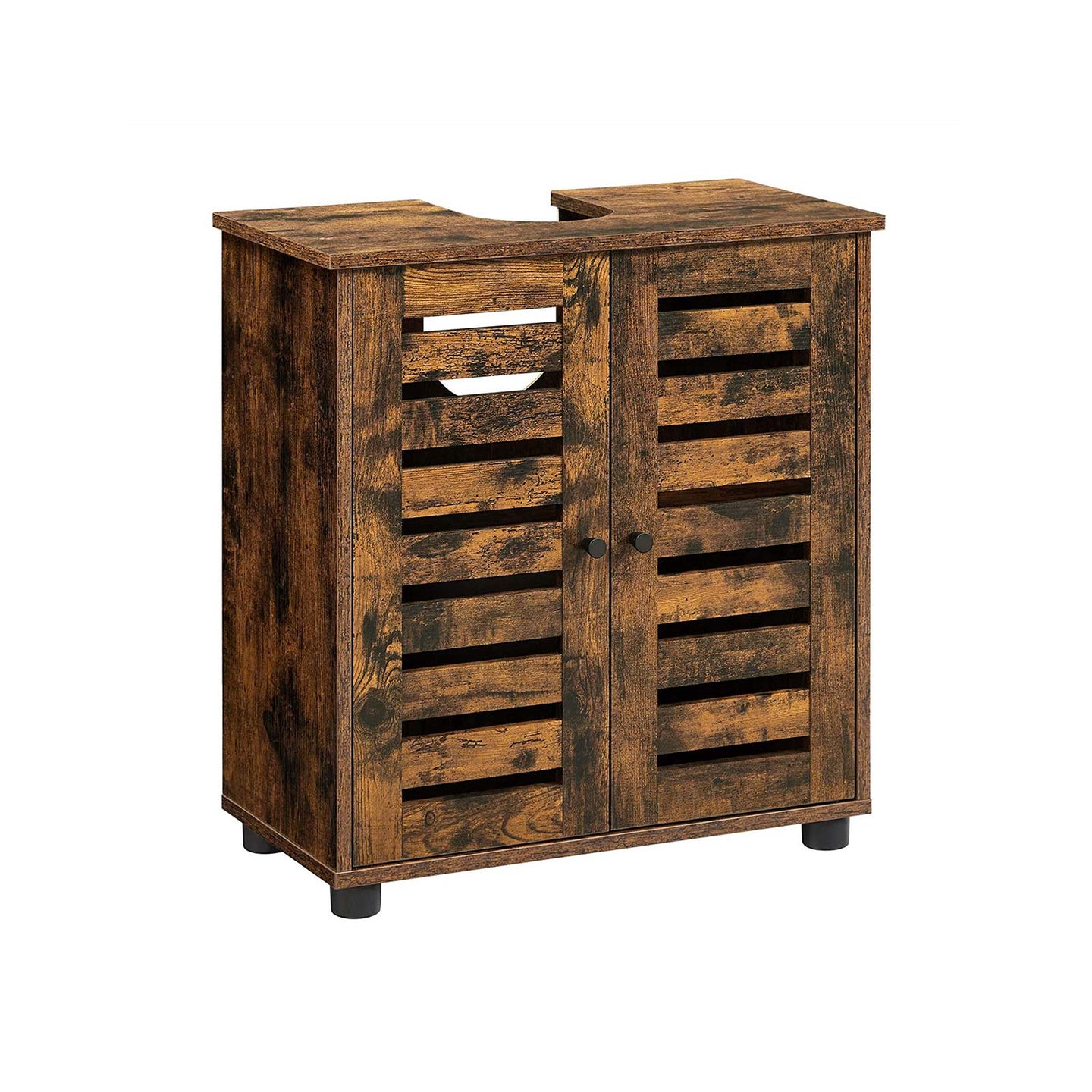 Under Sink Bathroom Cabinet - Wood - Rustic Brown - Adjustable Shelf and 2 Louvred Doors