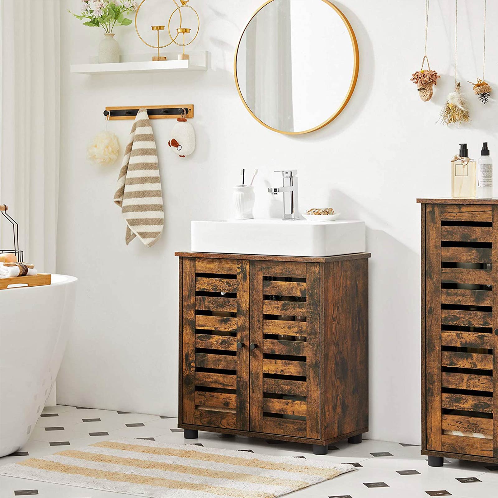 Under Sink Bathroom Cabinet - Wood - Rustic Brown - Adjustable Shelf and 2 Louvred Doors