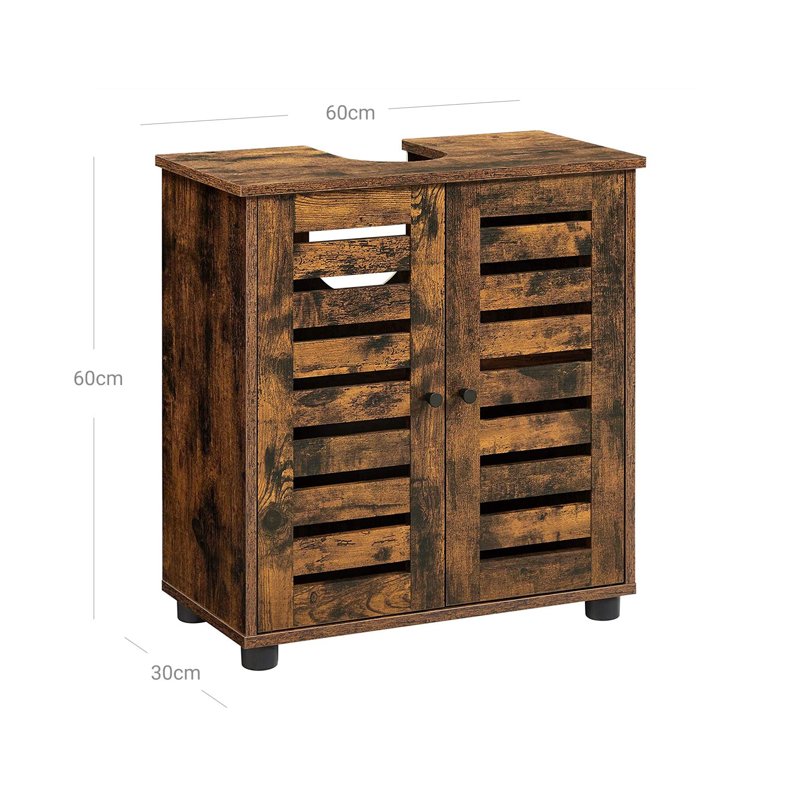 Under Sink Bathroom Cabinet - Wood - Rustic Brown - Adjustable Shelf and 2 Louvred Doors