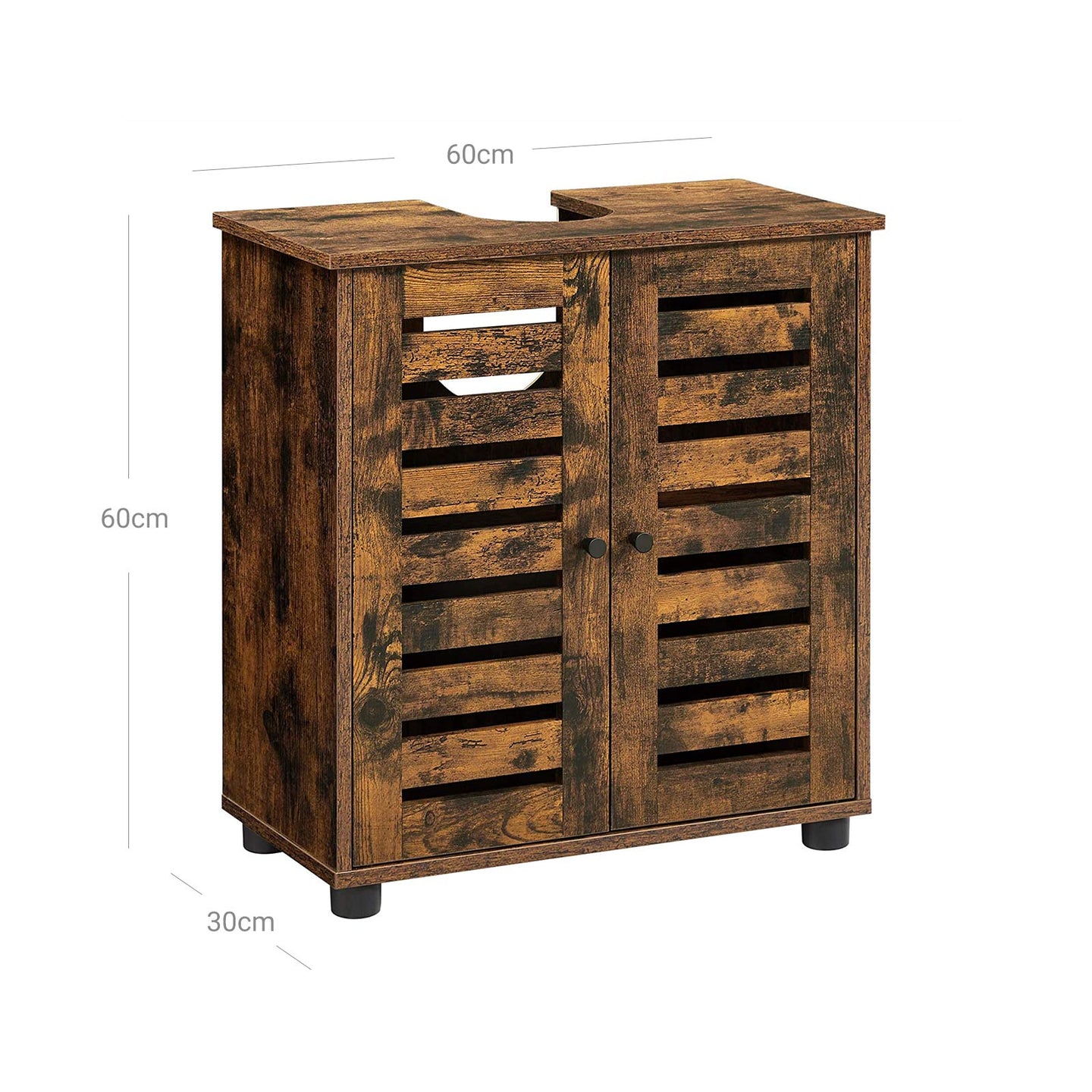 Under Sink Bathroom Cabinet - Wood - Rustic Brown - Adjustable Shelf and 2 Louvred Doors