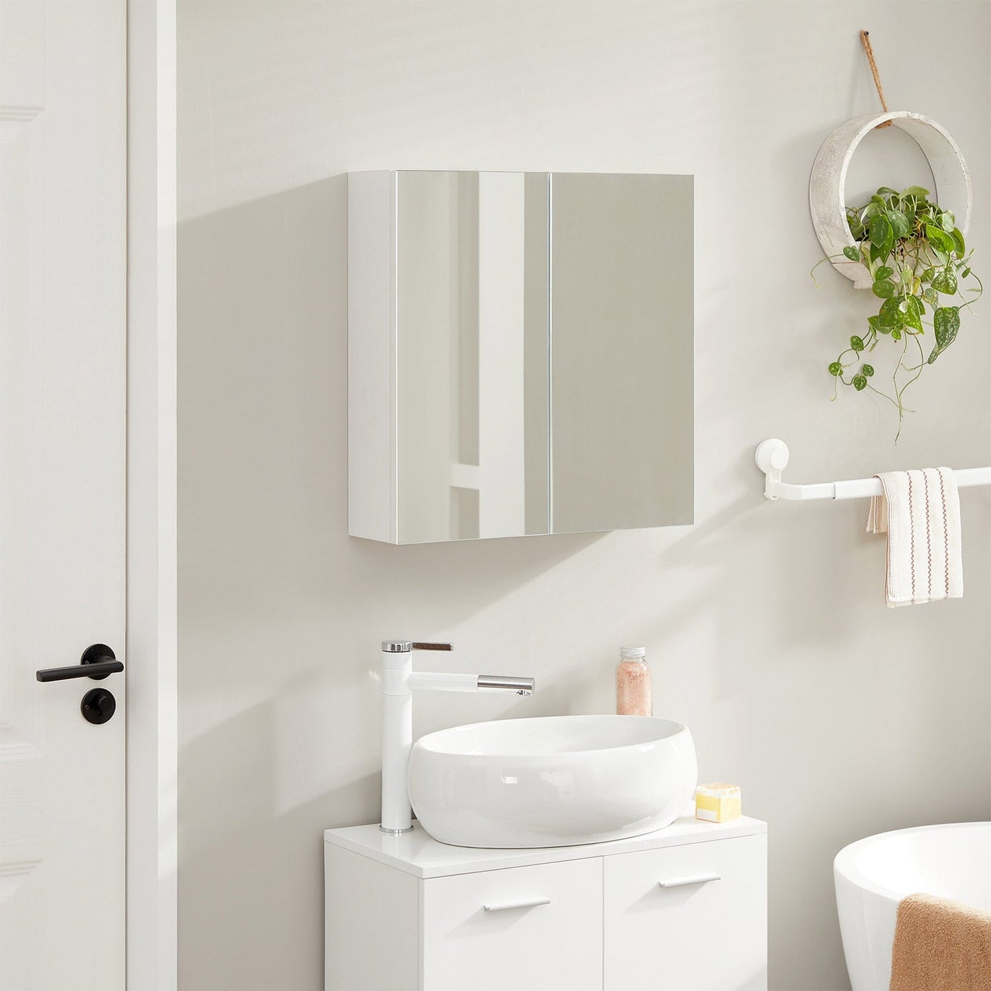 Wall-Mounted Bathroom Cabinet - Wood - White - Adjustable Shelf with Mirror and Dual Doors