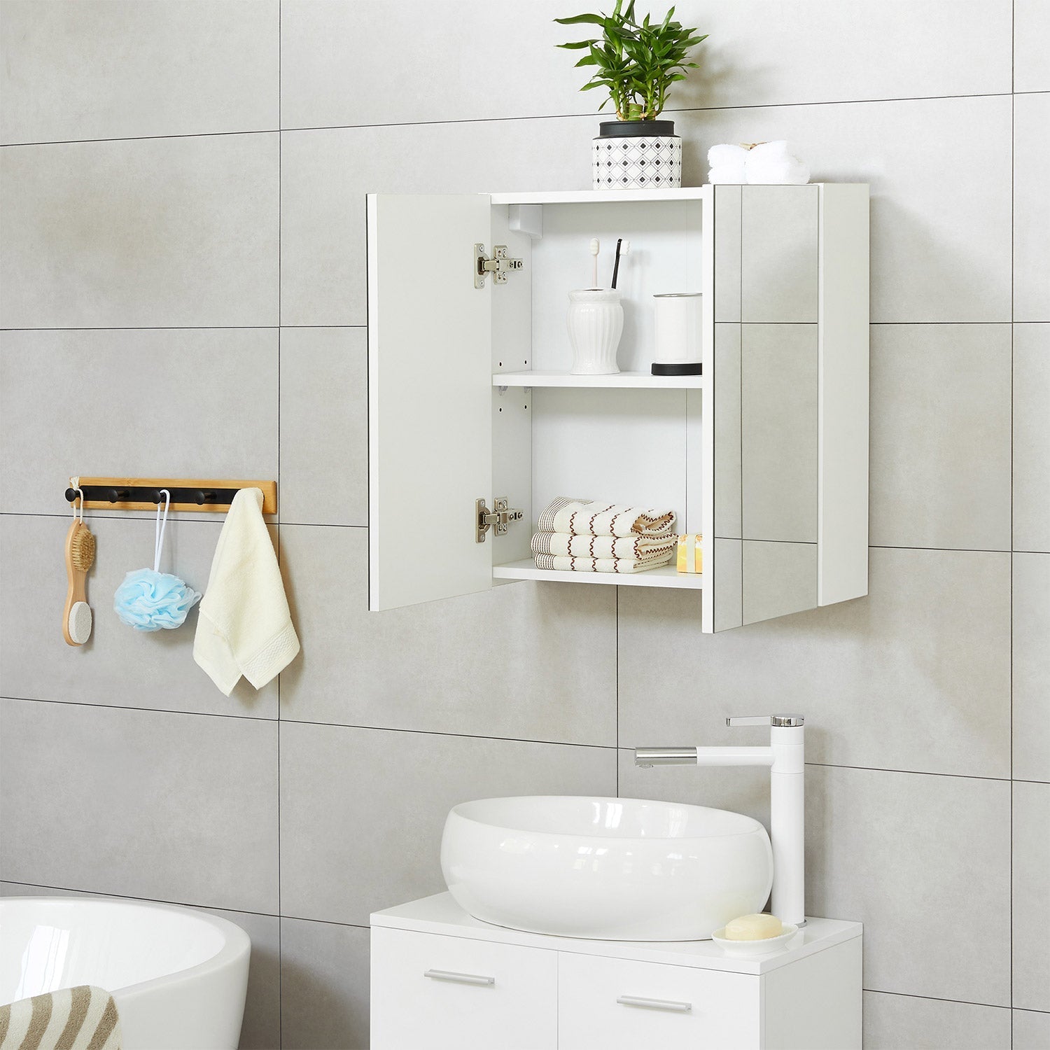 Wall-Mounted Bathroom Cabinet - Wood - White - Adjustable Shelf with Mirror and Dual Doors