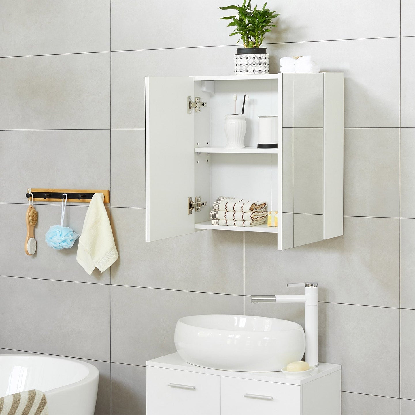 Wall-Mounted Bathroom Cabinet - Wood - White - Adjustable Shelf with Mirror and Dual Doors