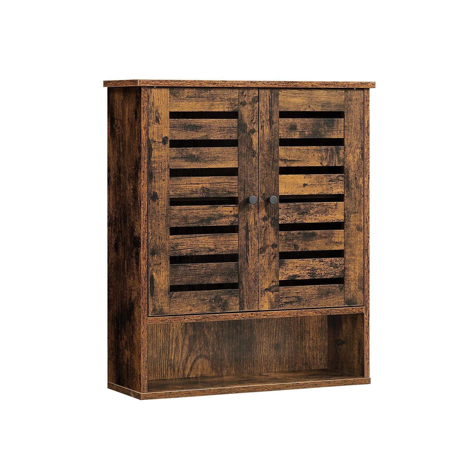 Wall-Mounted Storage Cabinet - Wood - Rustic Brown - Adjustable Shelf and Double Shutter Doors