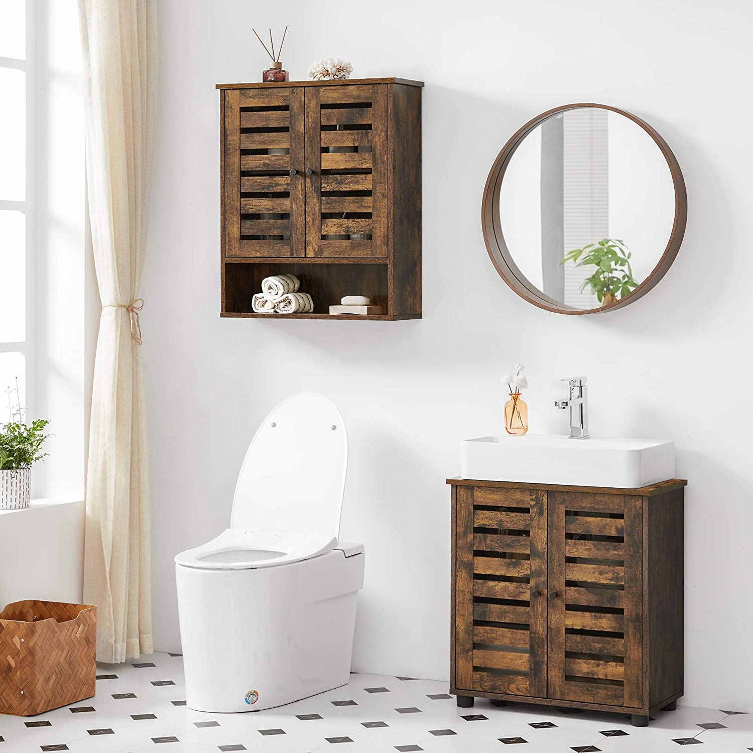 Wall-Mounted Storage Cabinet - Wood - Rustic Brown - Adjustable Shelf and Double Shutter Doors