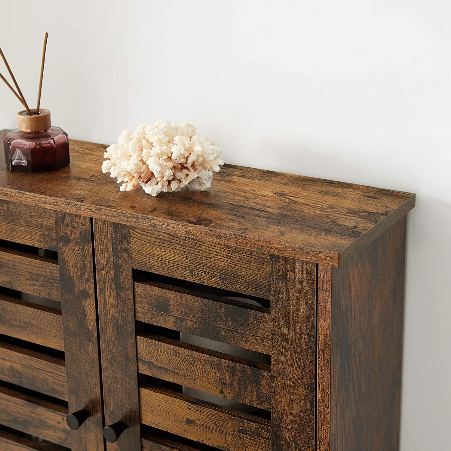 Wall-Mounted Storage Cabinet - Wood - Rustic Brown - Adjustable Shelf and Double Shutter Doors
