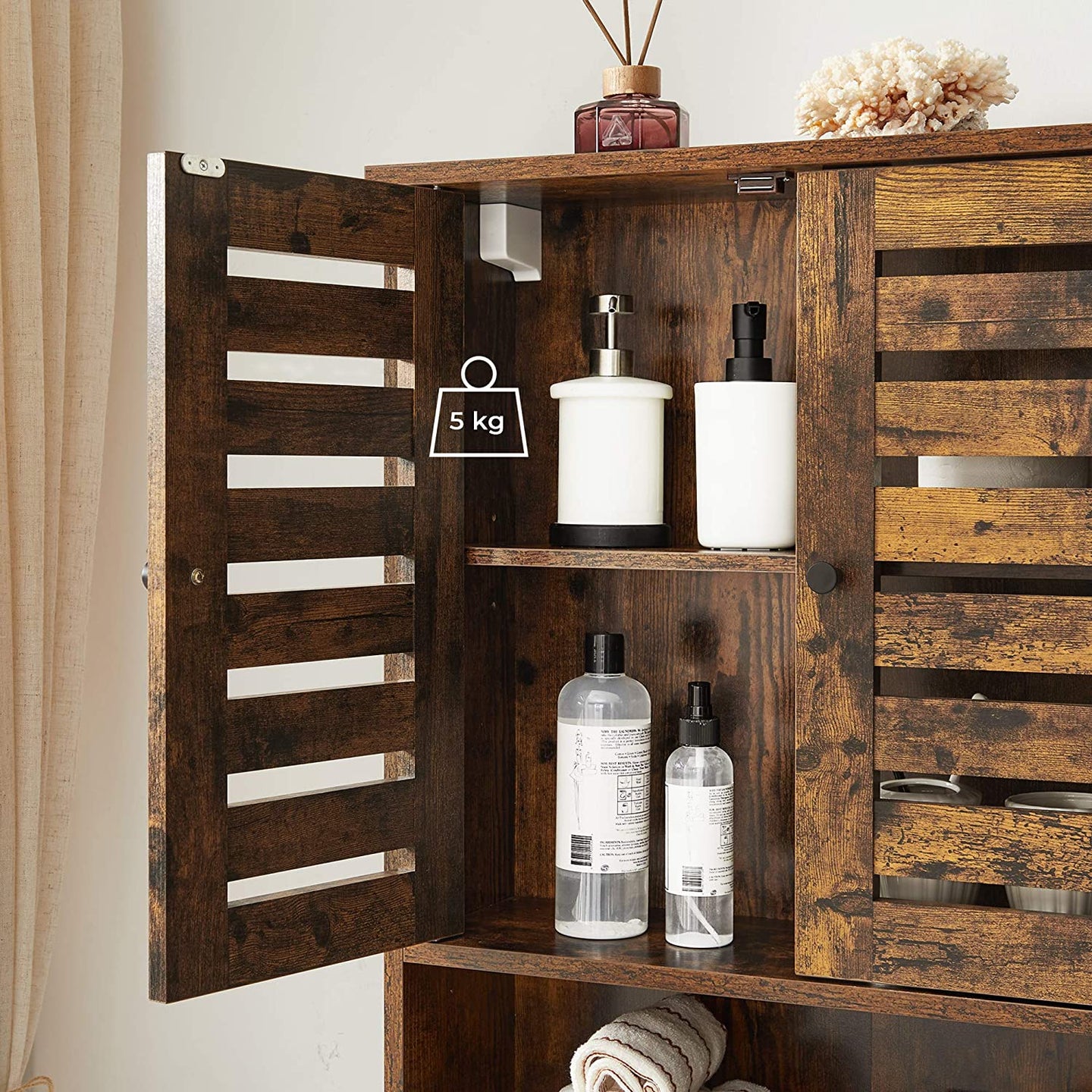 Wall-Mounted Storage Cabinet - Wood - Rustic Brown - Adjustable Shelf and Double Shutter Doors