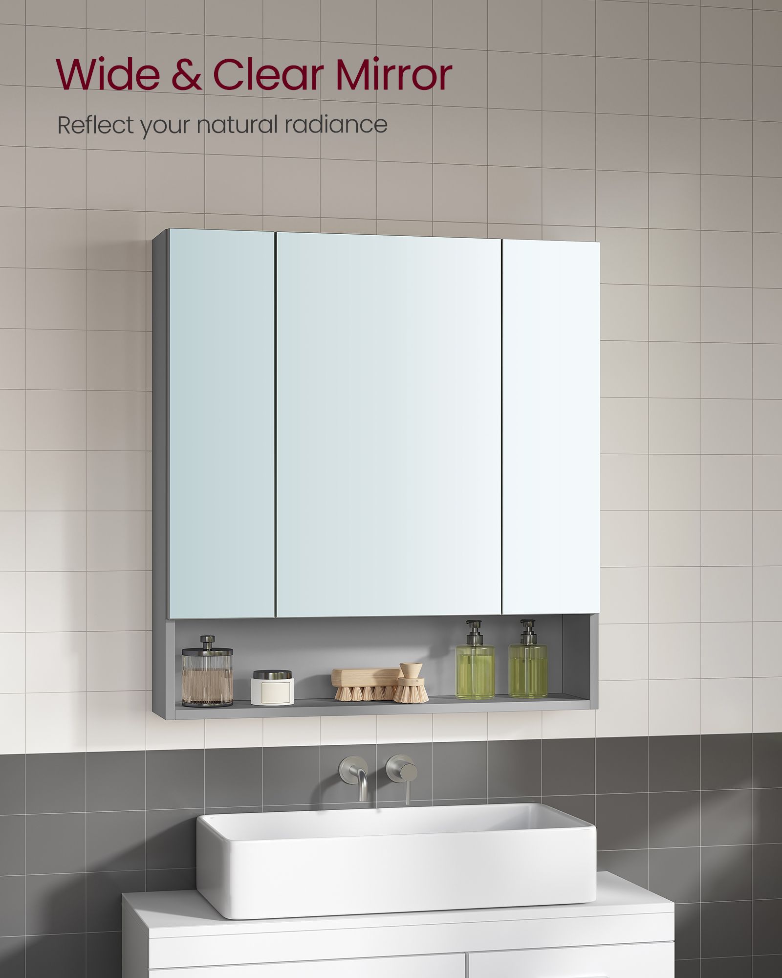 Bathroom Mirror Cabinet - MDF - Dove Grey - Wall-Mounted with Adjustable Shelves
