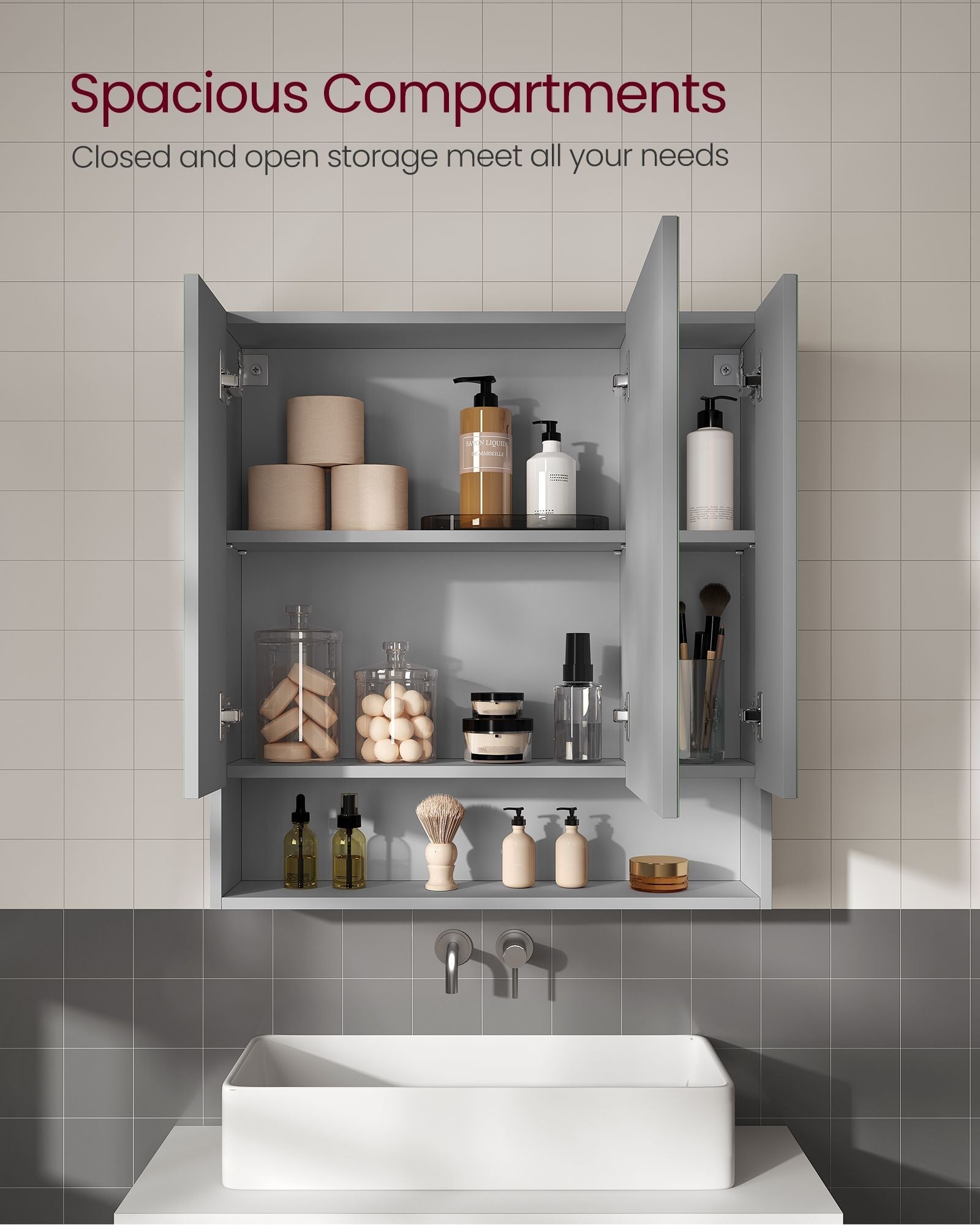Bathroom Mirror Cabinet - MDF - Dove Grey - Wall-Mounted with Adjustable Shelves