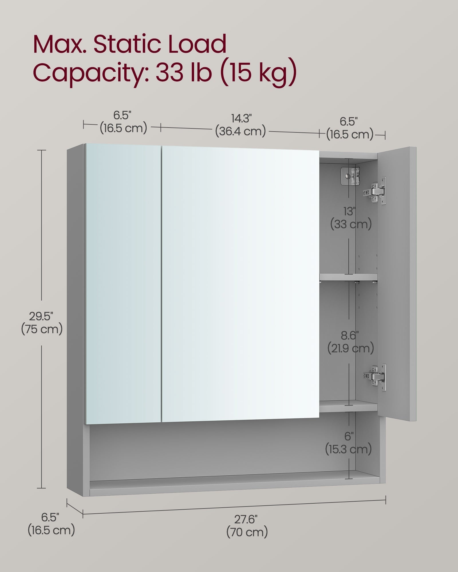 Bathroom Mirror Cabinet - MDF - Dove Grey - Wall-Mounted with Adjustable Shelves