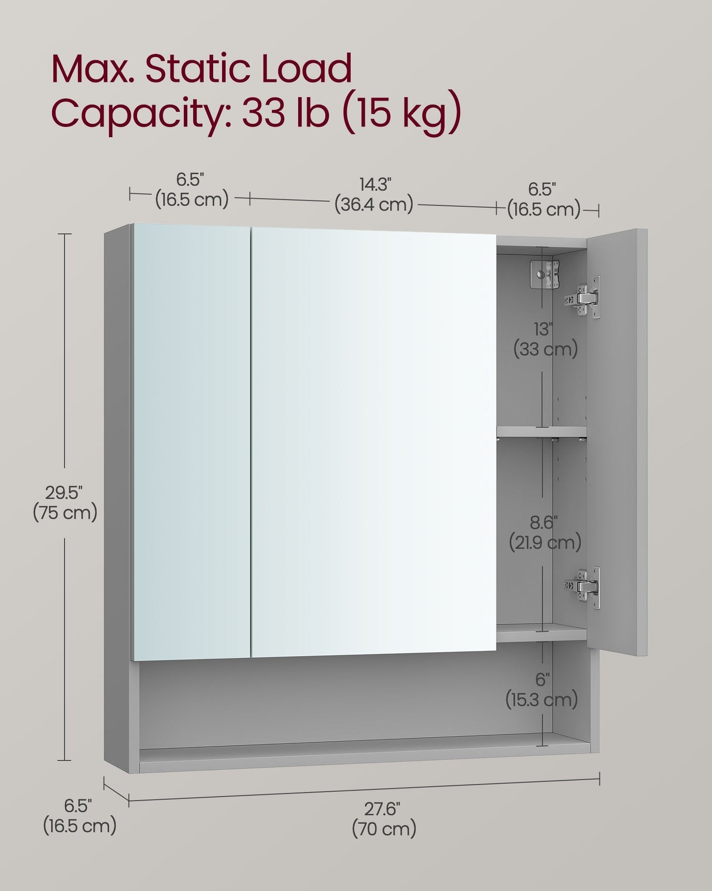 Bathroom Mirror Cabinet - MDF - Dove Grey - Wall-Mounted with Adjustable Shelves
