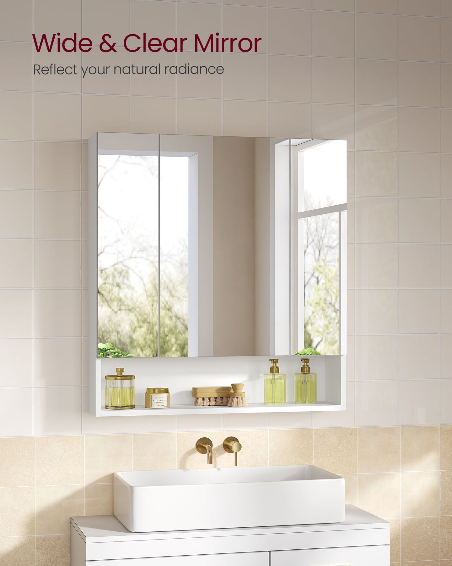Bathroom Mirror Cabinet - Wood - Cloud White - Adjustable Shelves with Open Compartment