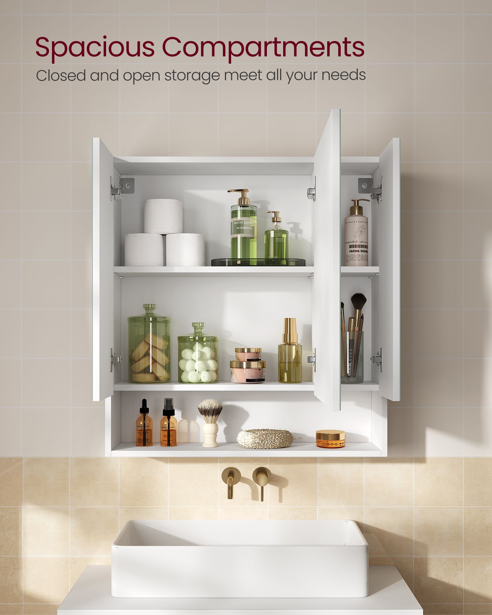 Bathroom Mirror Cabinet - Wood - Cloud White - Adjustable Shelves with Open Compartment