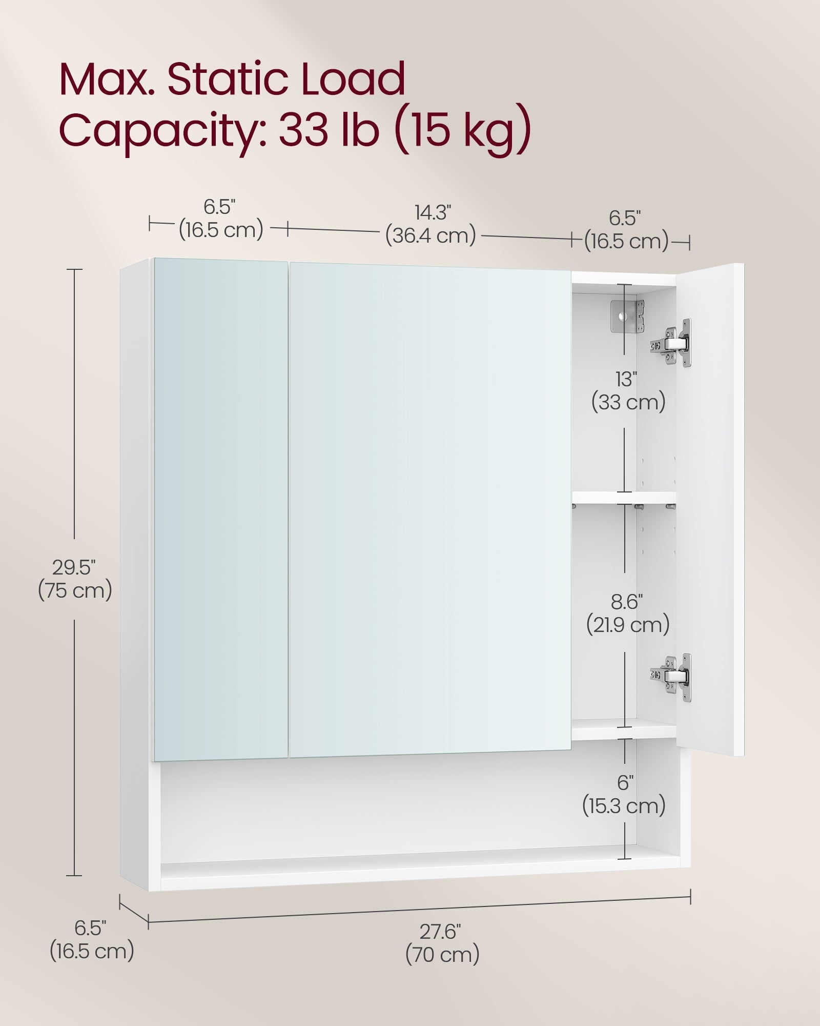 Bathroom Mirror Cabinet - Wood - Cloud White - Adjustable Shelves with Open Compartment
