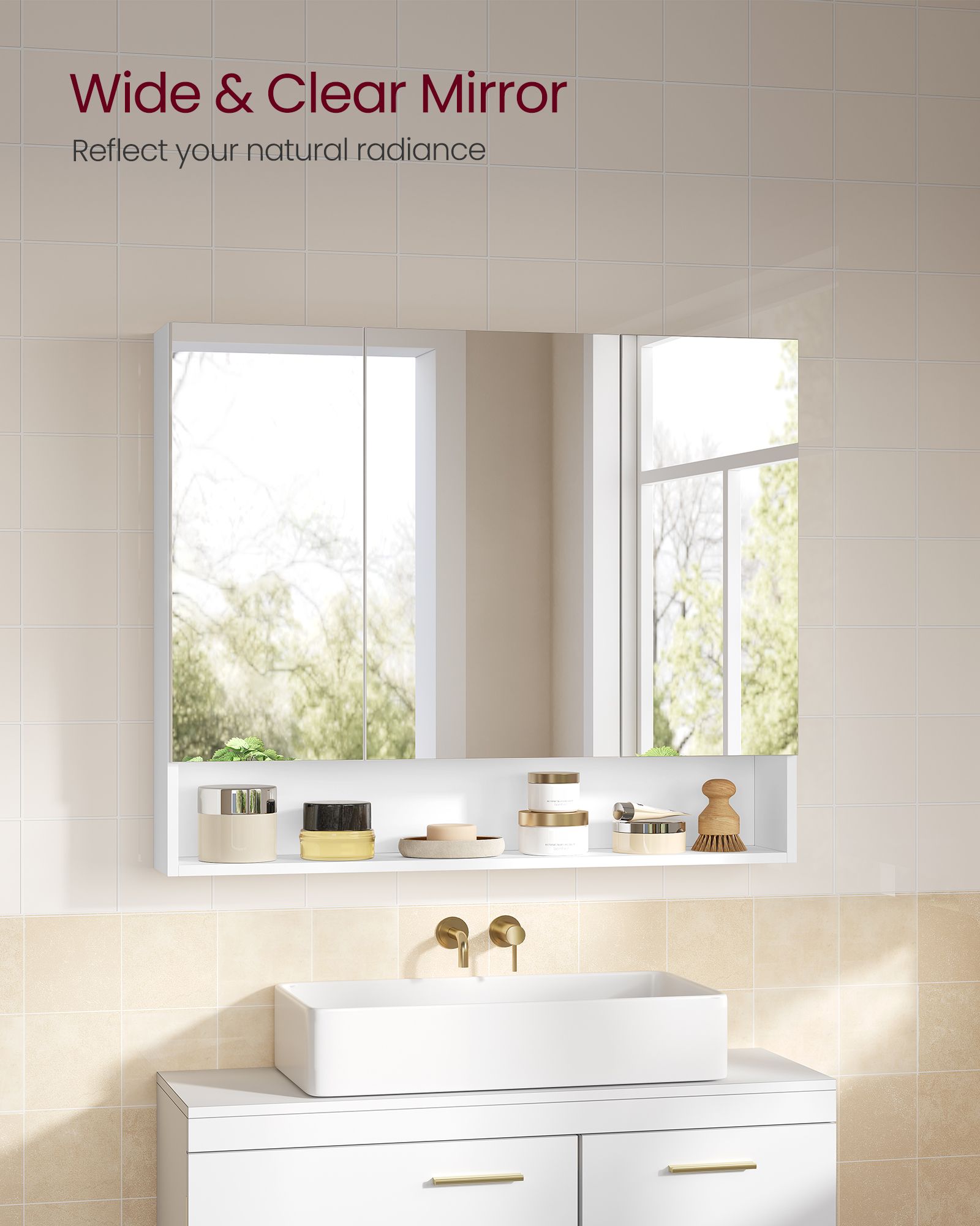 Bathroom Mirror Cabinet - Wood - Cloud White - Adjustable Shelves