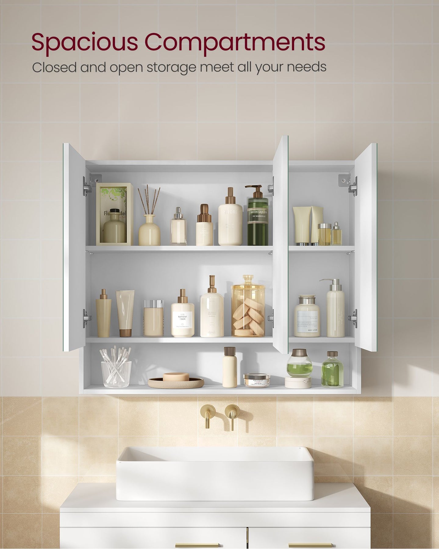 Bathroom Mirror Cabinet - Wood - Cloud White - Adjustable Shelves