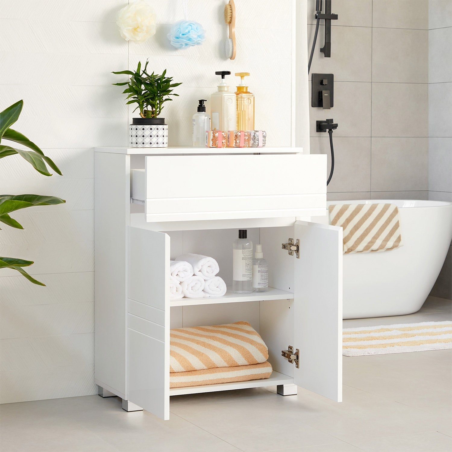 Bathroom Cabinet - Wood - White - Drawer and Adjustable Shelf