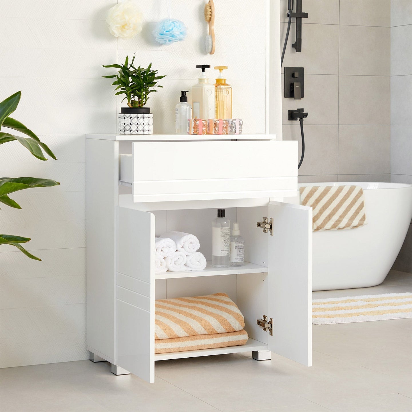 Bathroom Cabinet - Wood - White - Drawer and Adjustable Shelf