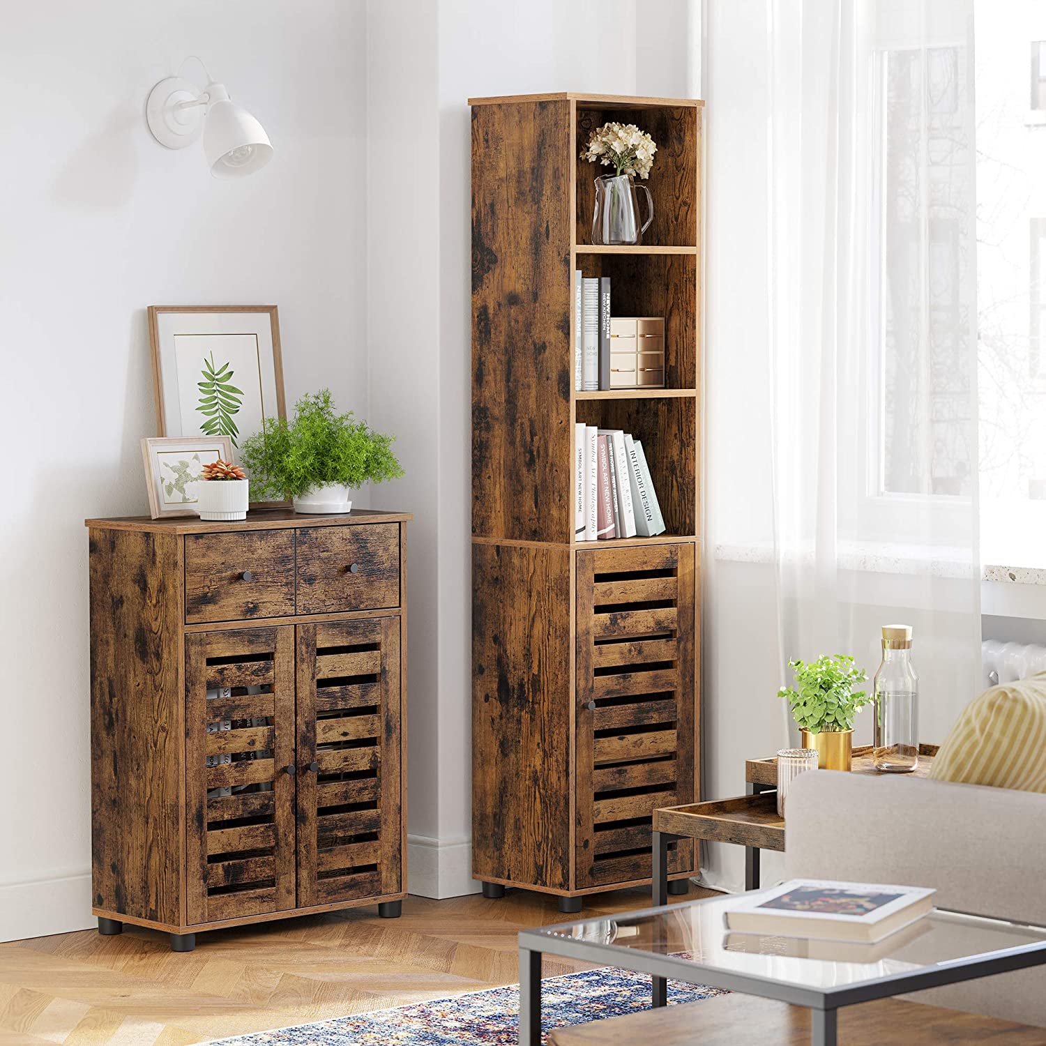 Free Standing Bathroom Storage Cabinet - Wood - Rustic Brown - Adjustable Shelf and Drawer