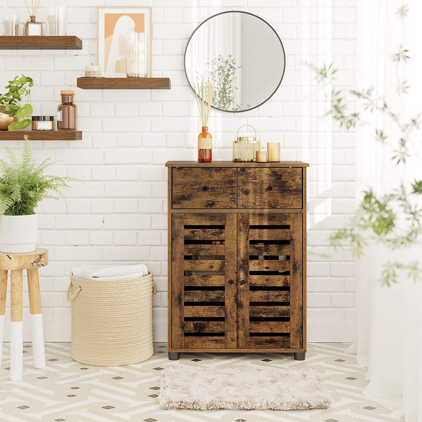 Free Standing Bathroom Storage Cabinet - Wood - Rustic Brown - Adjustable Shelf and Drawer
