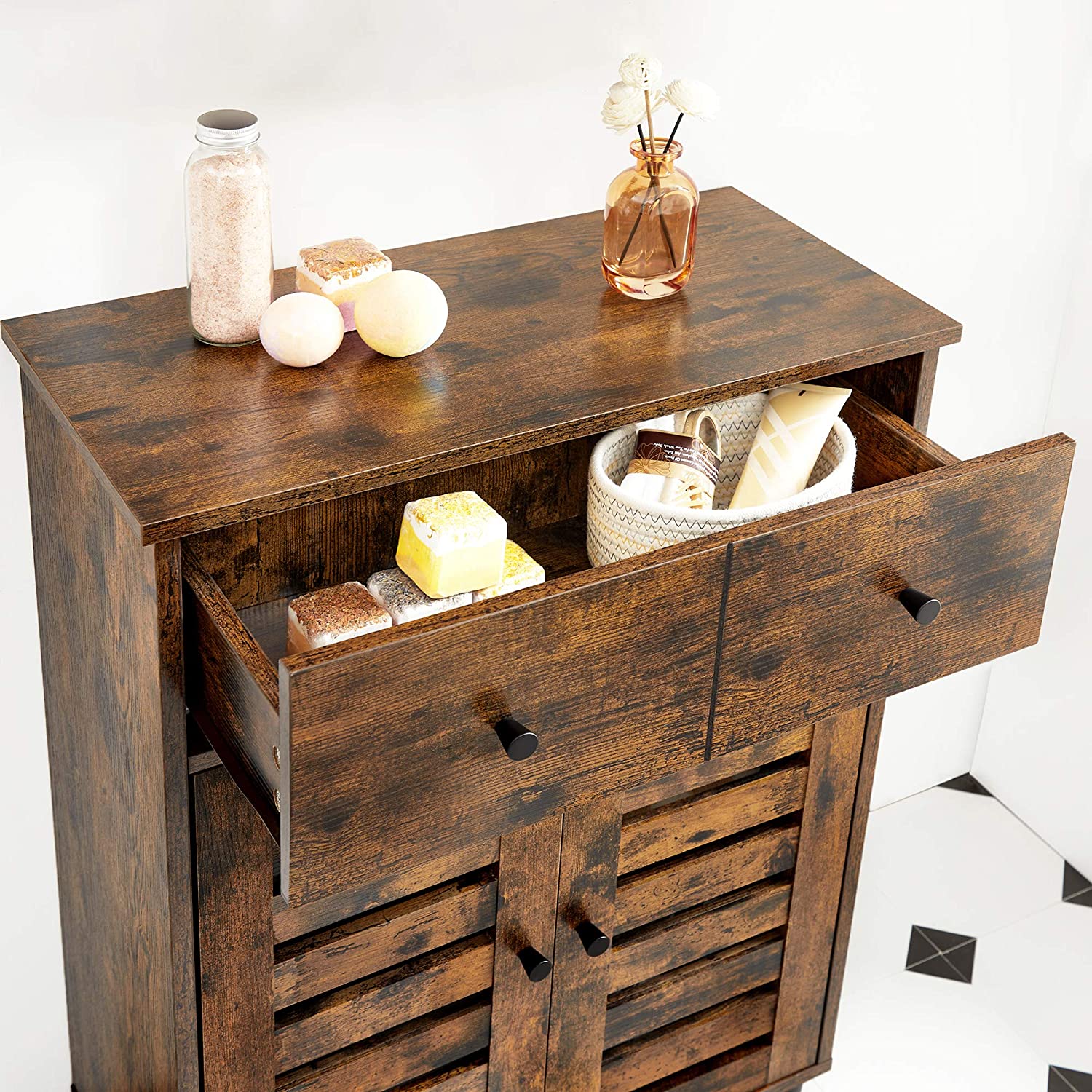 Free Standing Bathroom Storage Cabinet - Wood - Rustic Brown - Adjustable Shelf and Drawer