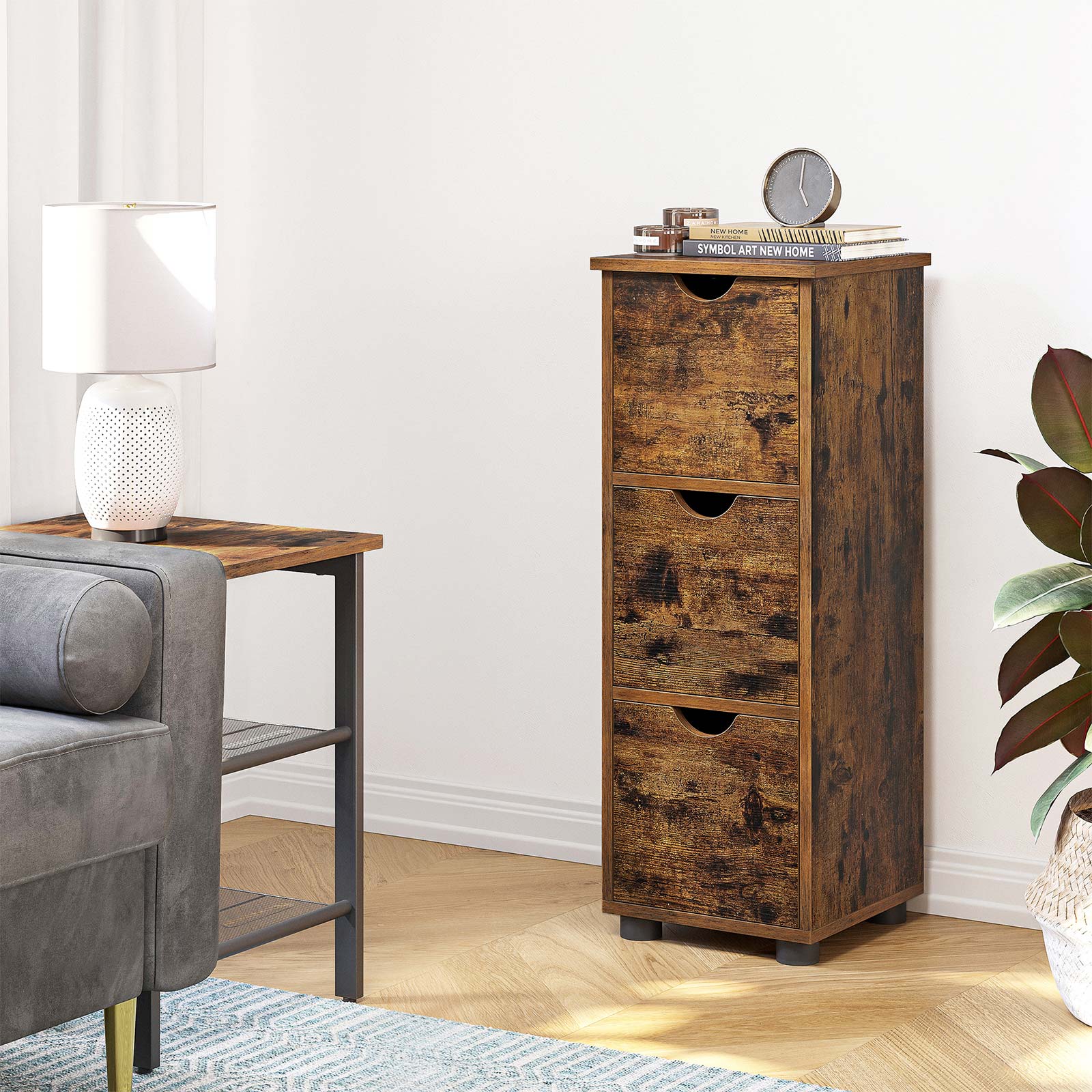Storage Unit - MDF - Rustic Brown - Slim Design with 3 Drawers