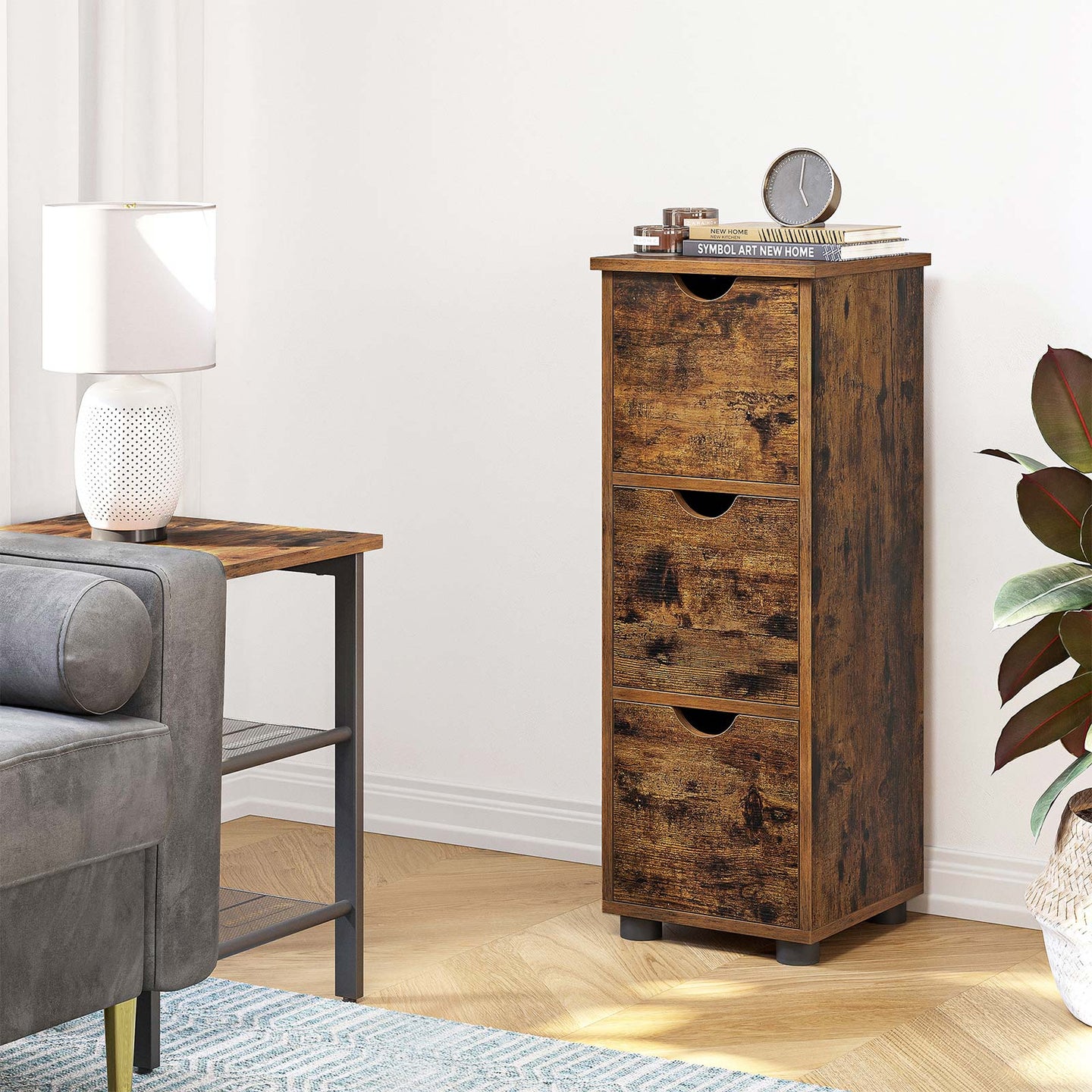 Storage Unit - MDF - Rustic Brown - Slim Design with 3 Drawers