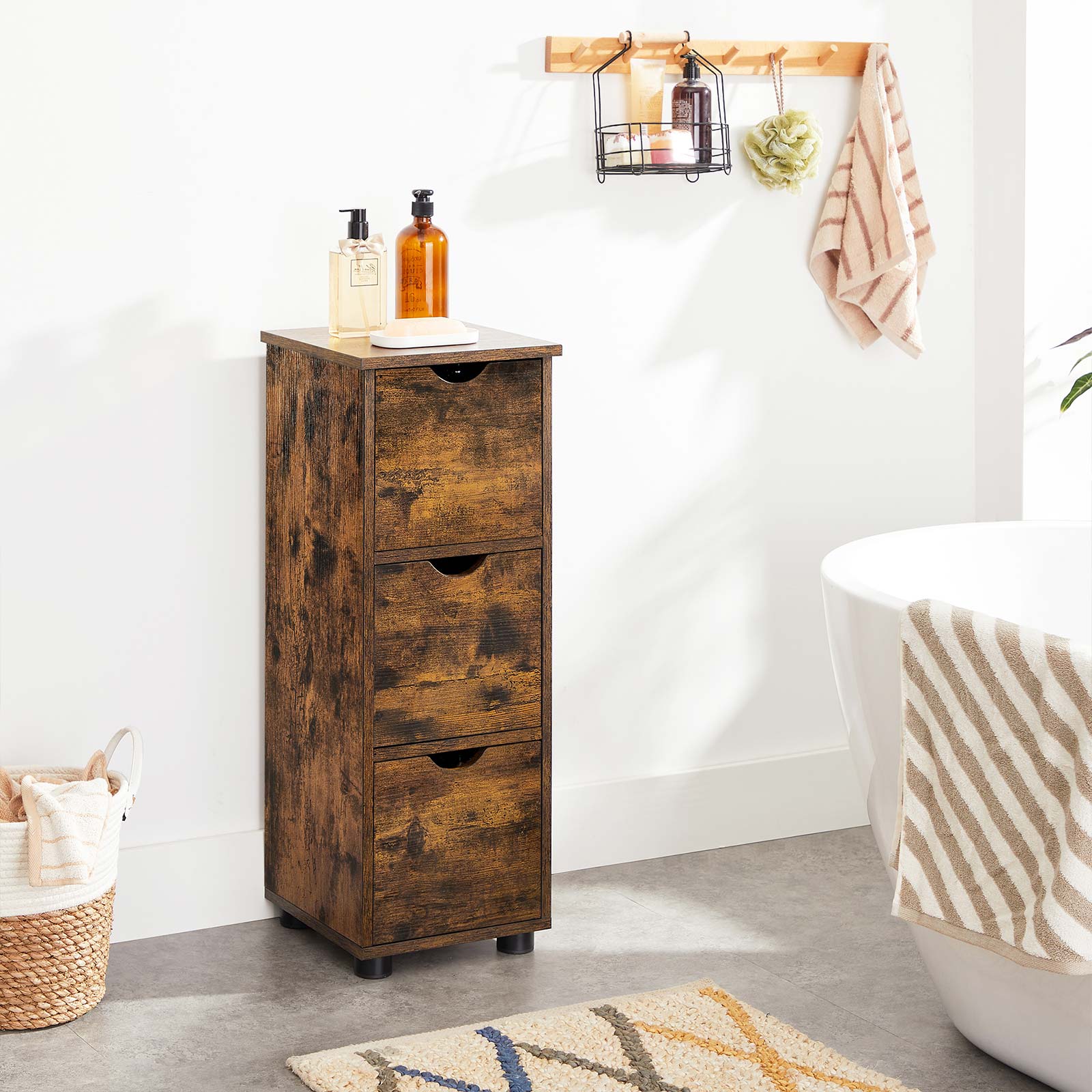 Storage Unit - MDF - Rustic Brown - Slim Design with 3 Drawers